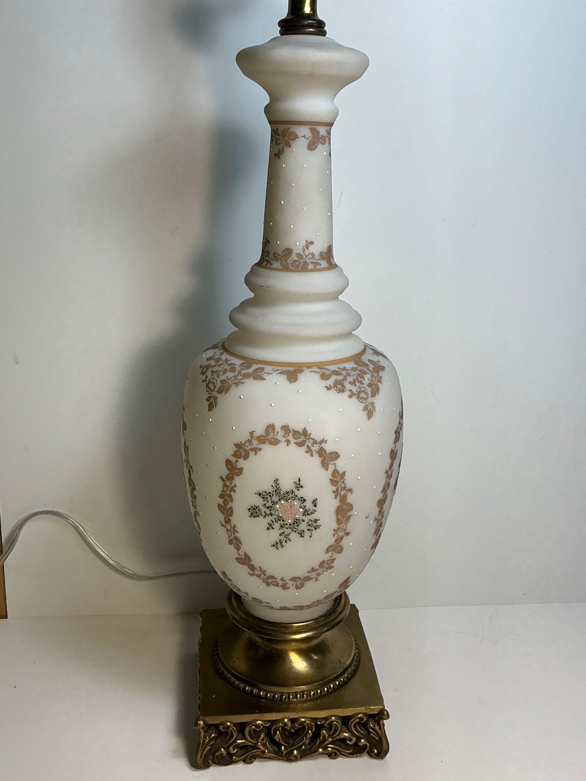 Vintage Bristol French Opaline Glass Gold Gilt Lamp on Brass Base 22.5 in.