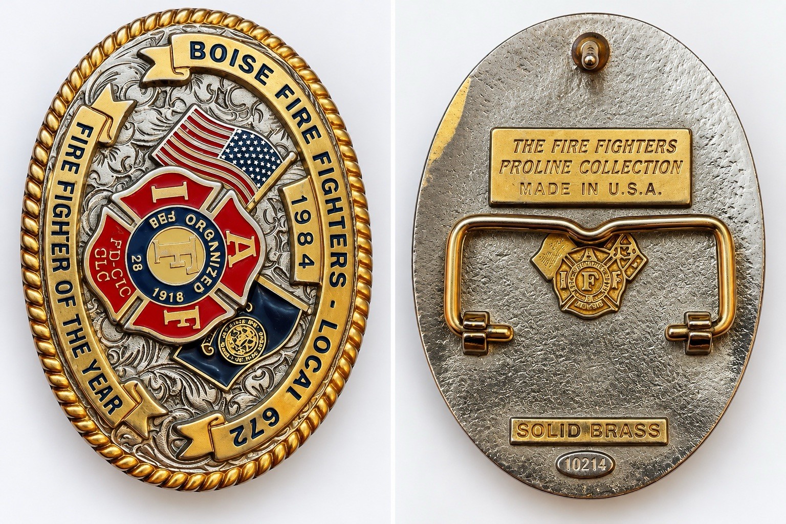 Vintage 1984 Boise Firefighters IAFF Local 672 Solid Brass Belt Buckle USA