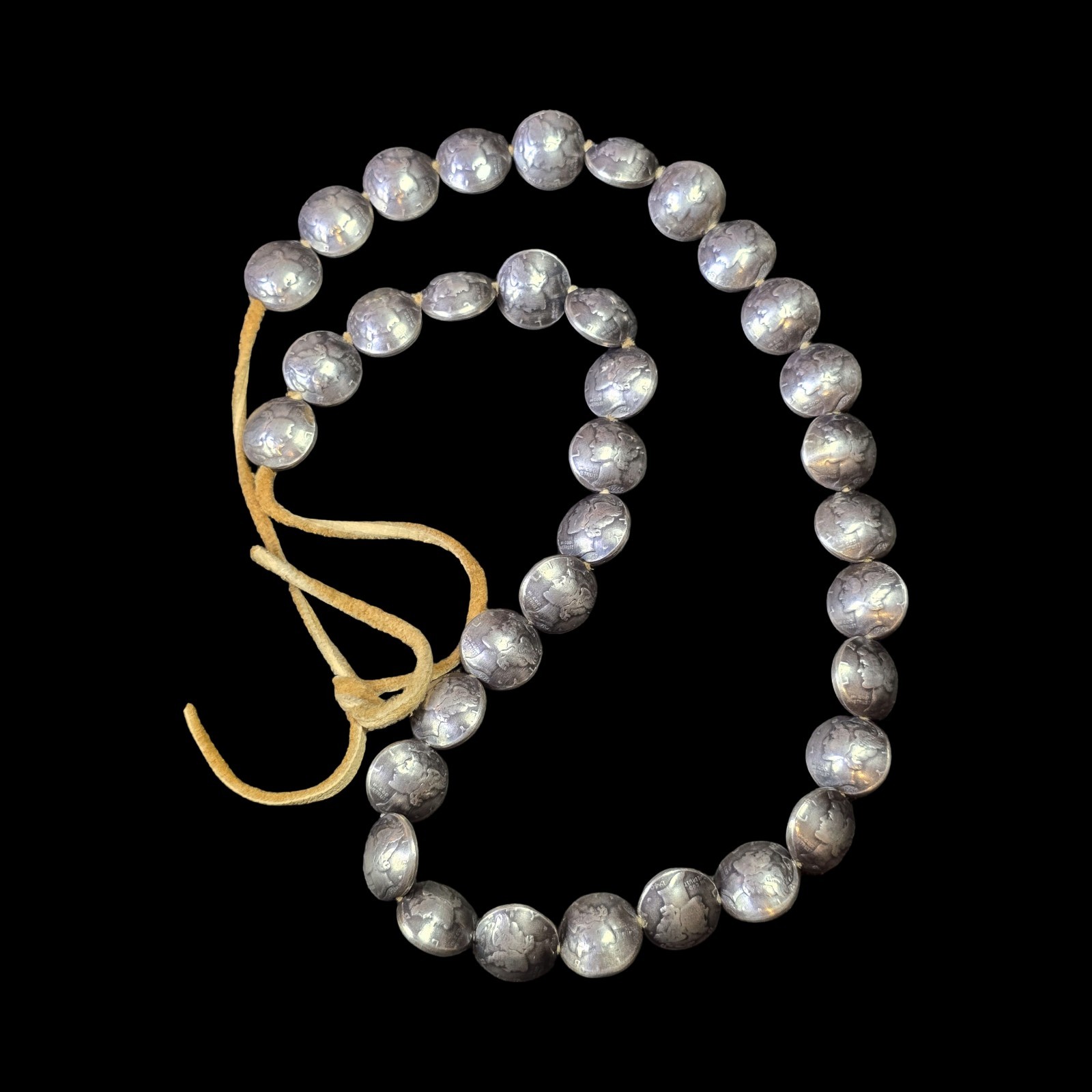 UNIQUE VINTAGE NAVAJO SILVER MERCURY DIME BEADED NECKLACE 30\