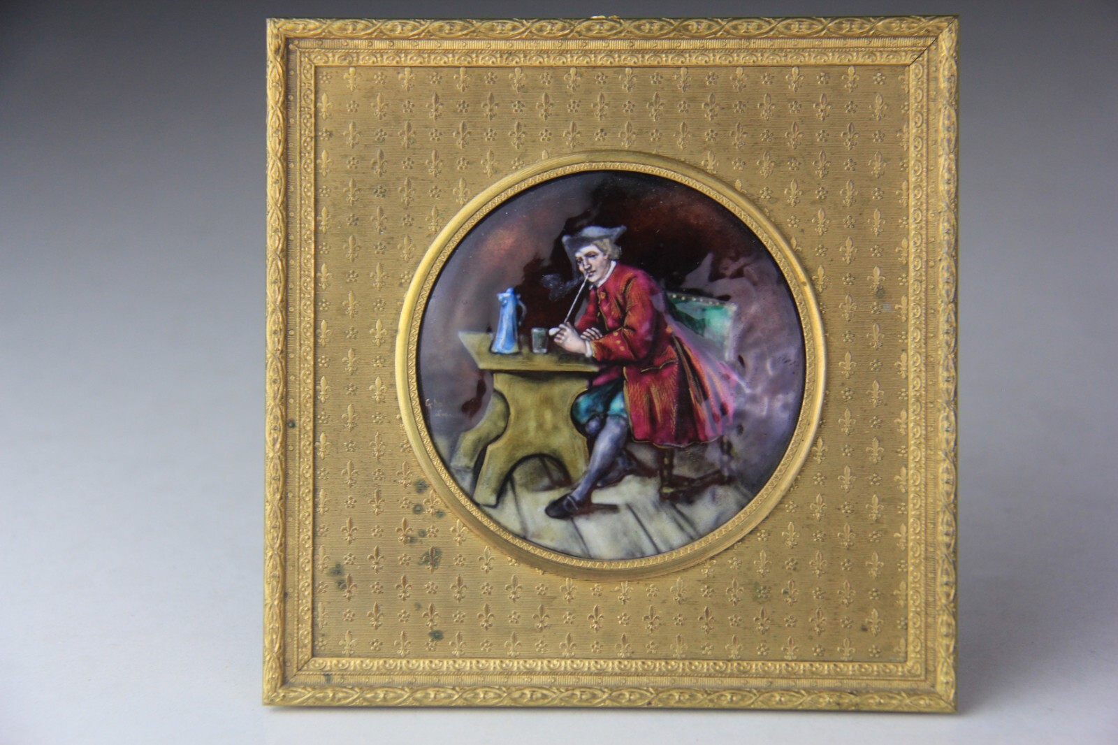 Fine Antique French Enameled Round Plaque w/ Gilt Metal Frame
