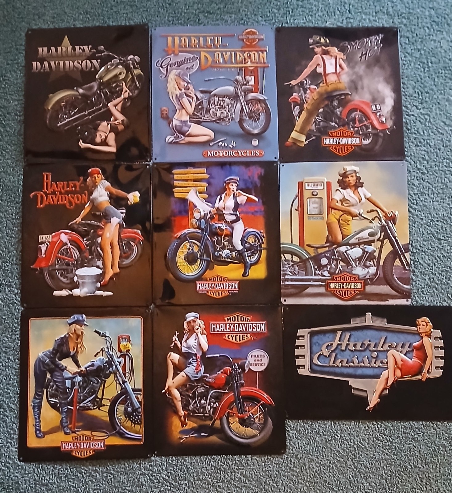 Lot of 9 Ande Rooney Harley-Davidson Embossed Tin Signs Pin-Up Girls Mint