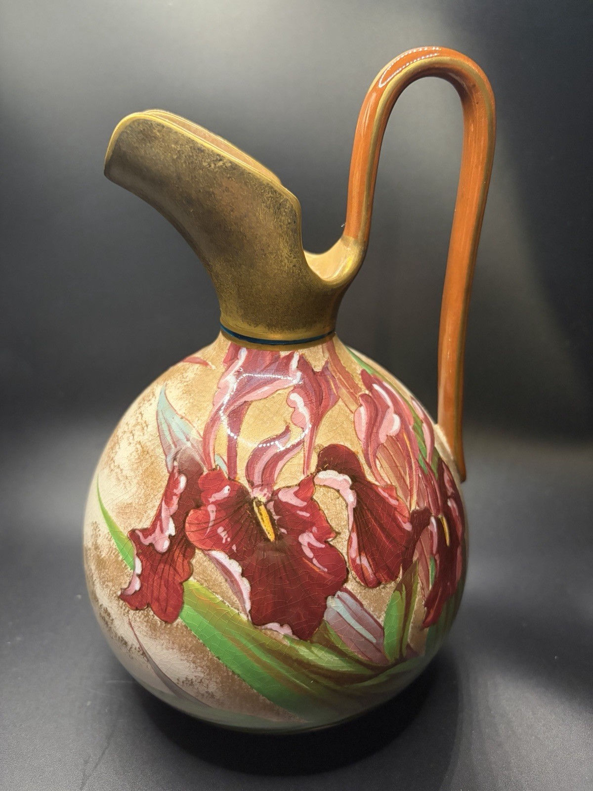 Antique Doulton Burslem Hand Painted Iris Ewer Jug Artist Signed 8 Inch Vase