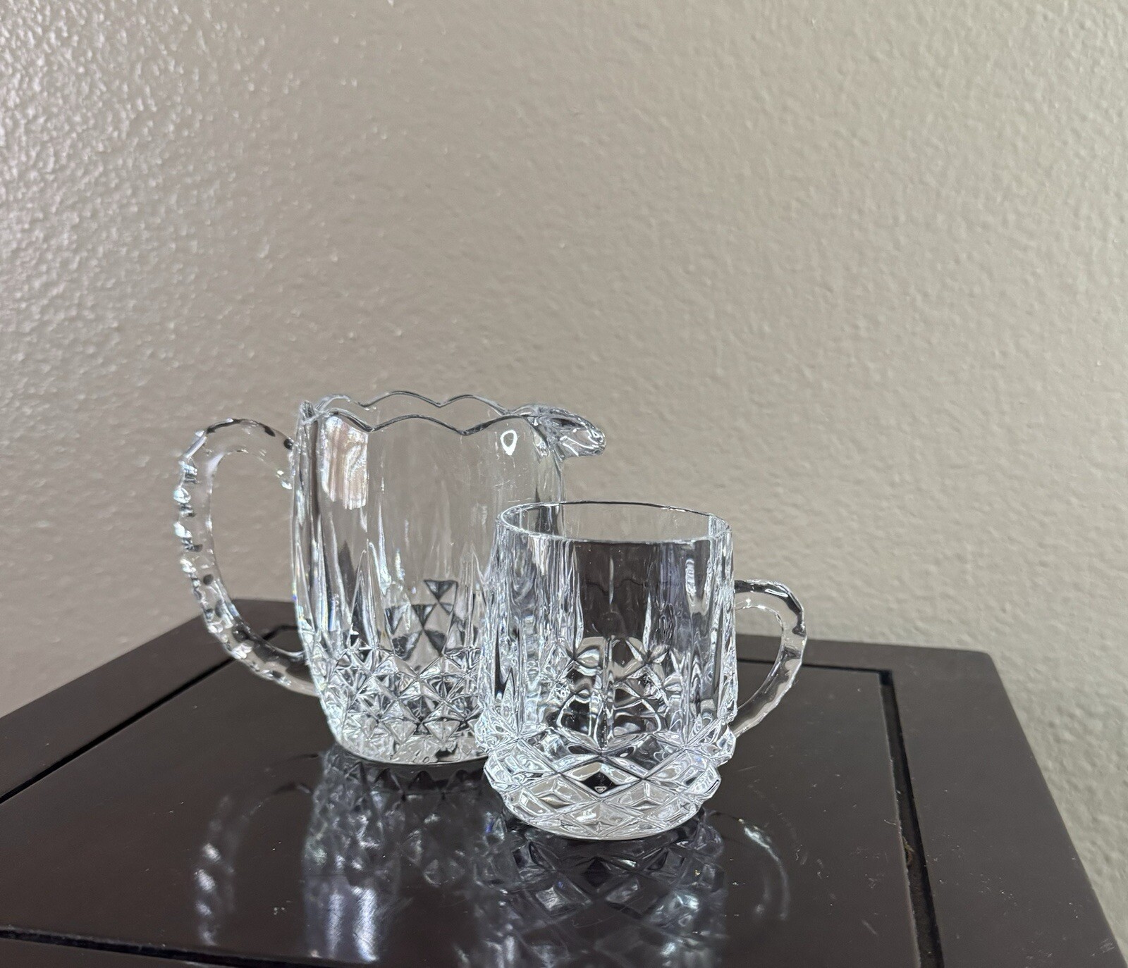 Vintage Lead Crystal Creamer & Sugar Set-Diamond Cut Glass Elegant Serveware