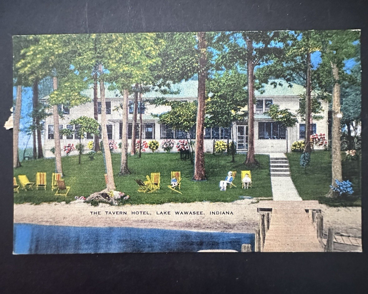 The Tavern Hotel Lake Wawasee Indiana Vtg Used Linen Postcard A5