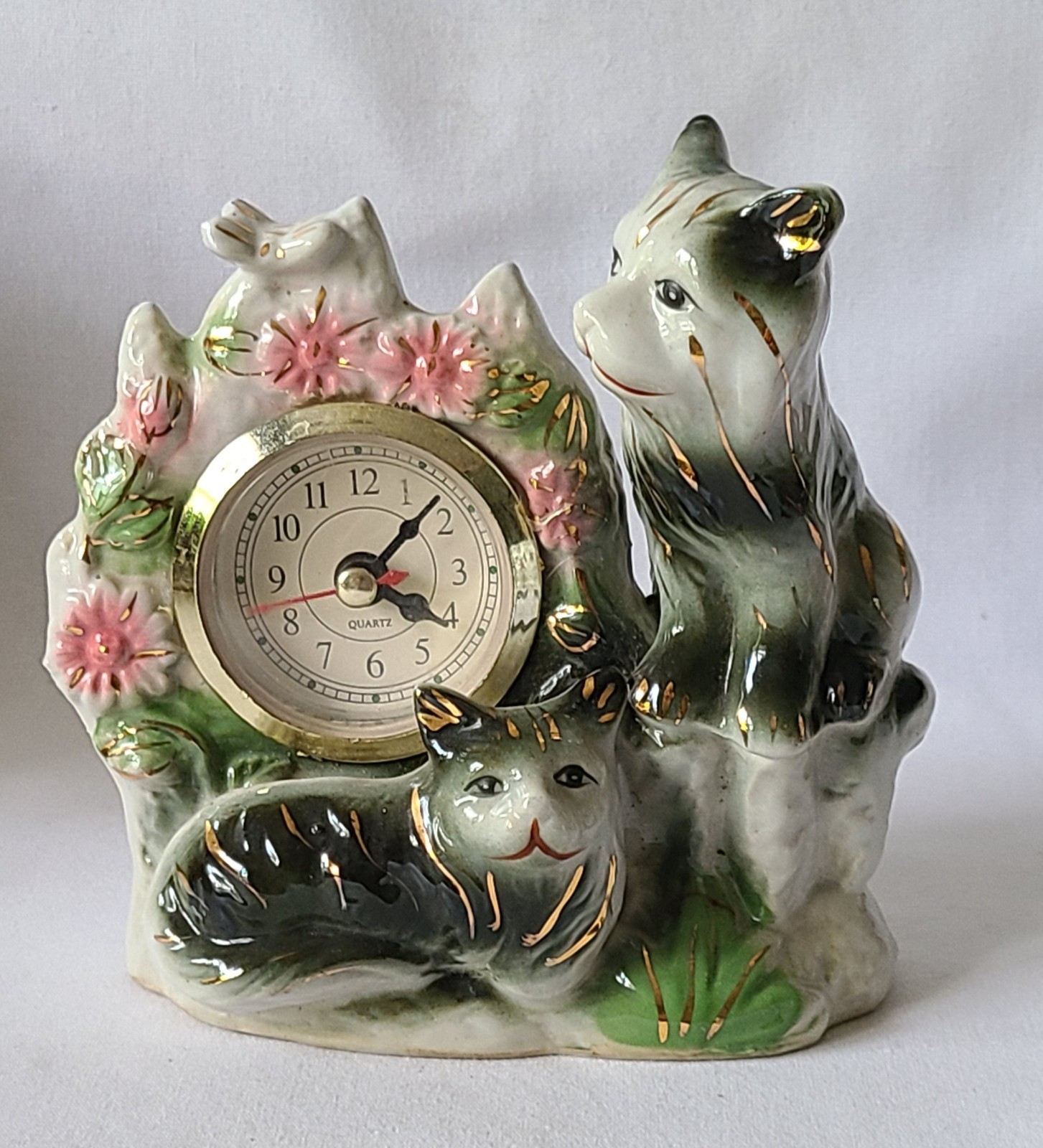 Vintage Hand Painted Ceramic Desk Clock Two Cats Battery Operated WORKS Vintage Hand Painted Ceramic Desk Clock Two Cats Battery Operated WORKS