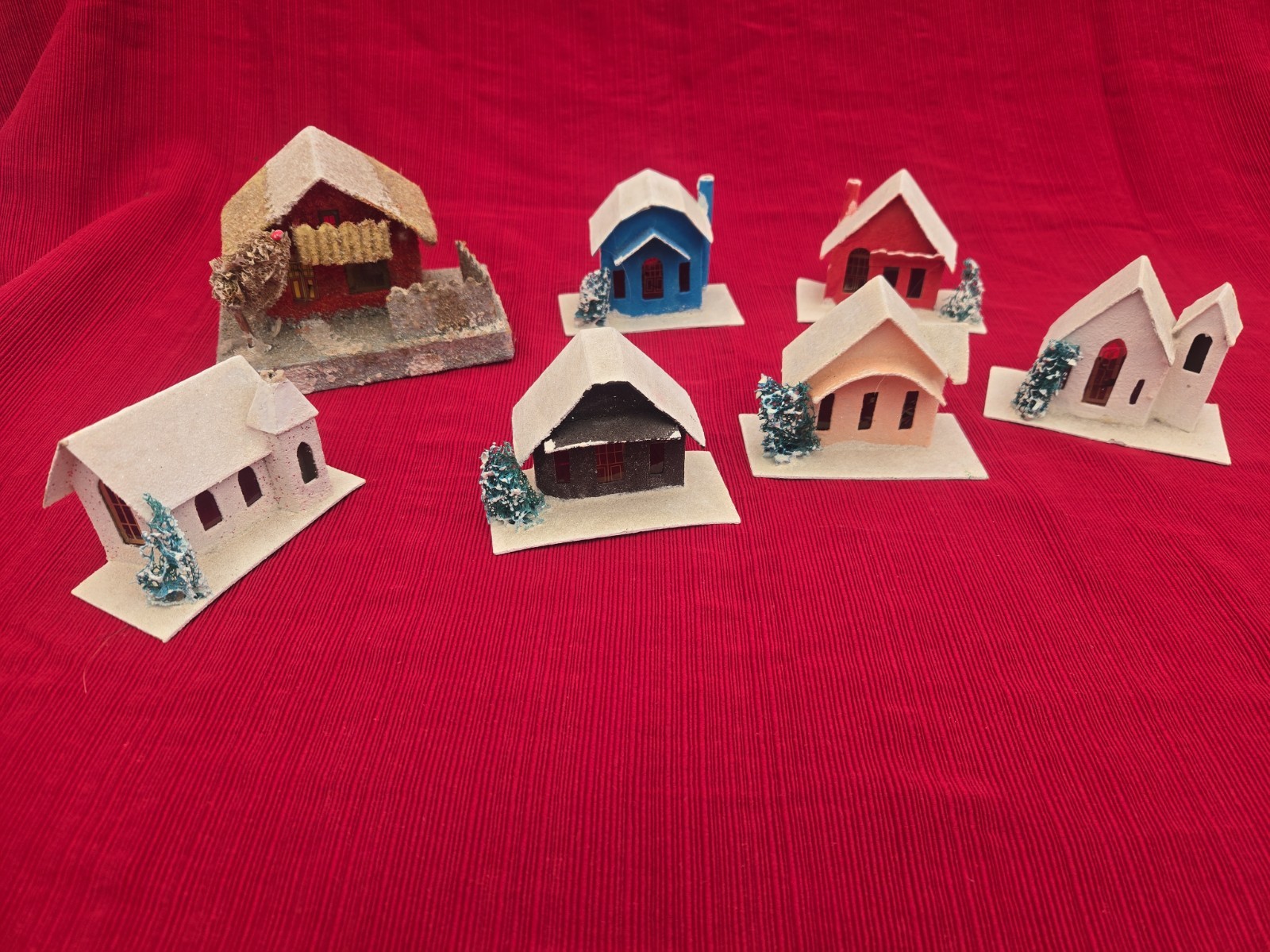Vintage Lot Of 7 Pieces of Mica Cardboard Putz village Houses