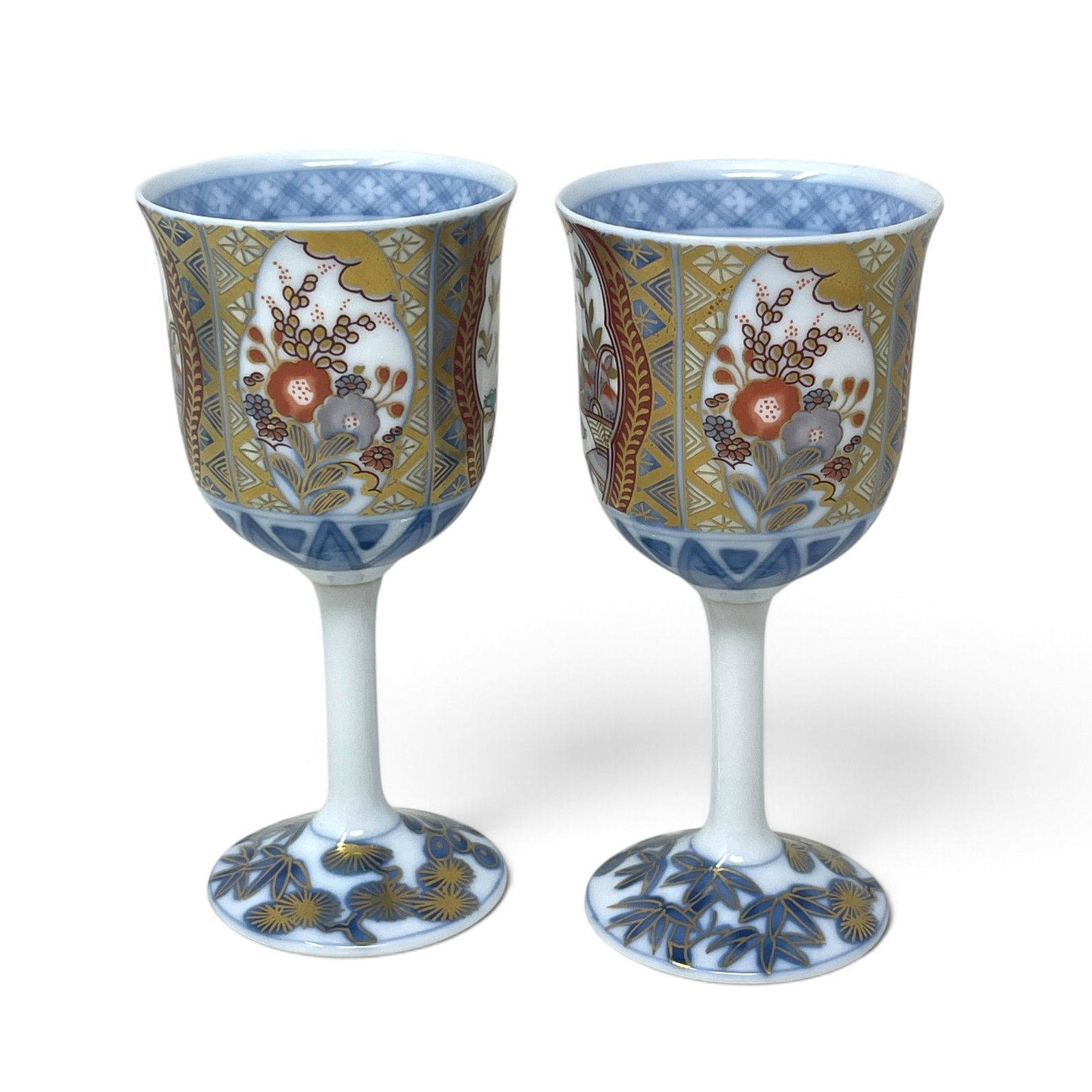 Vintage Japanese Wine Glasses Gilded Porcelain Imari  Blue Red Gold Set NEW