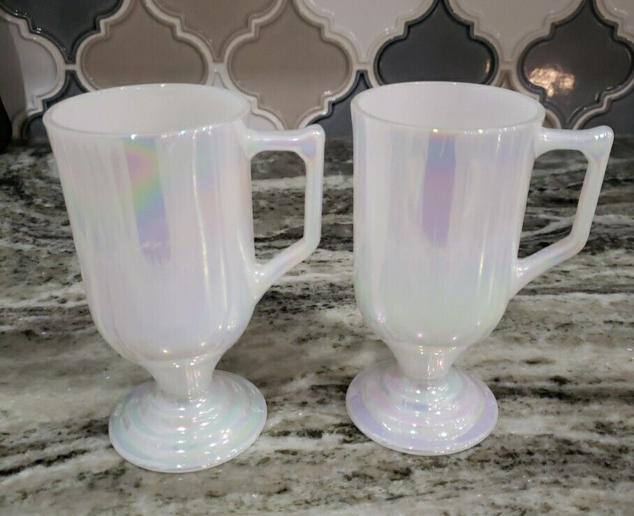 Set 2 FEDERAL GLASS ? Moonglow Pearl Iridescent Pedestal Mugs Milk White Cups