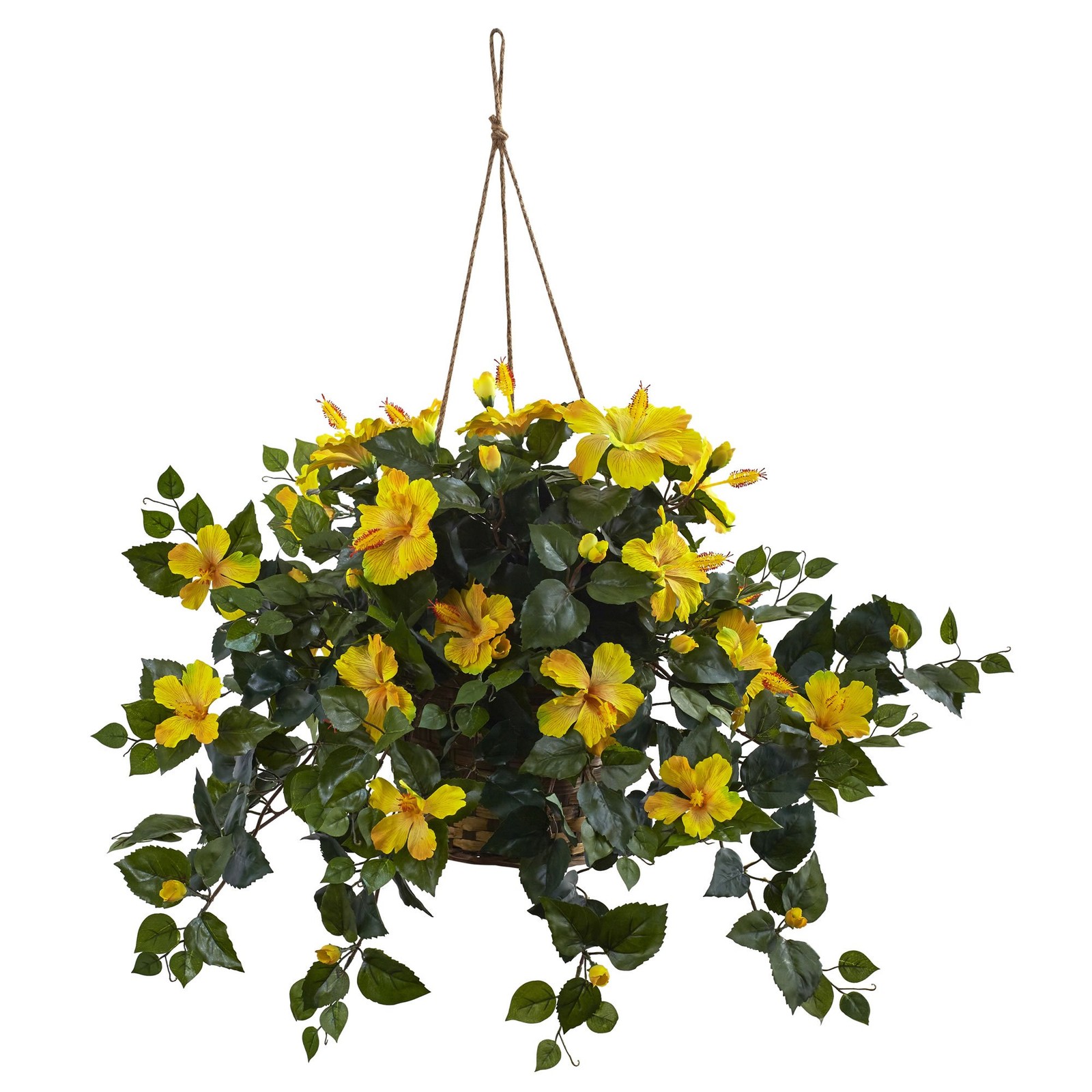 Nearly Natural 22 in Artificial Hibiscus Hanging Basket Yellow