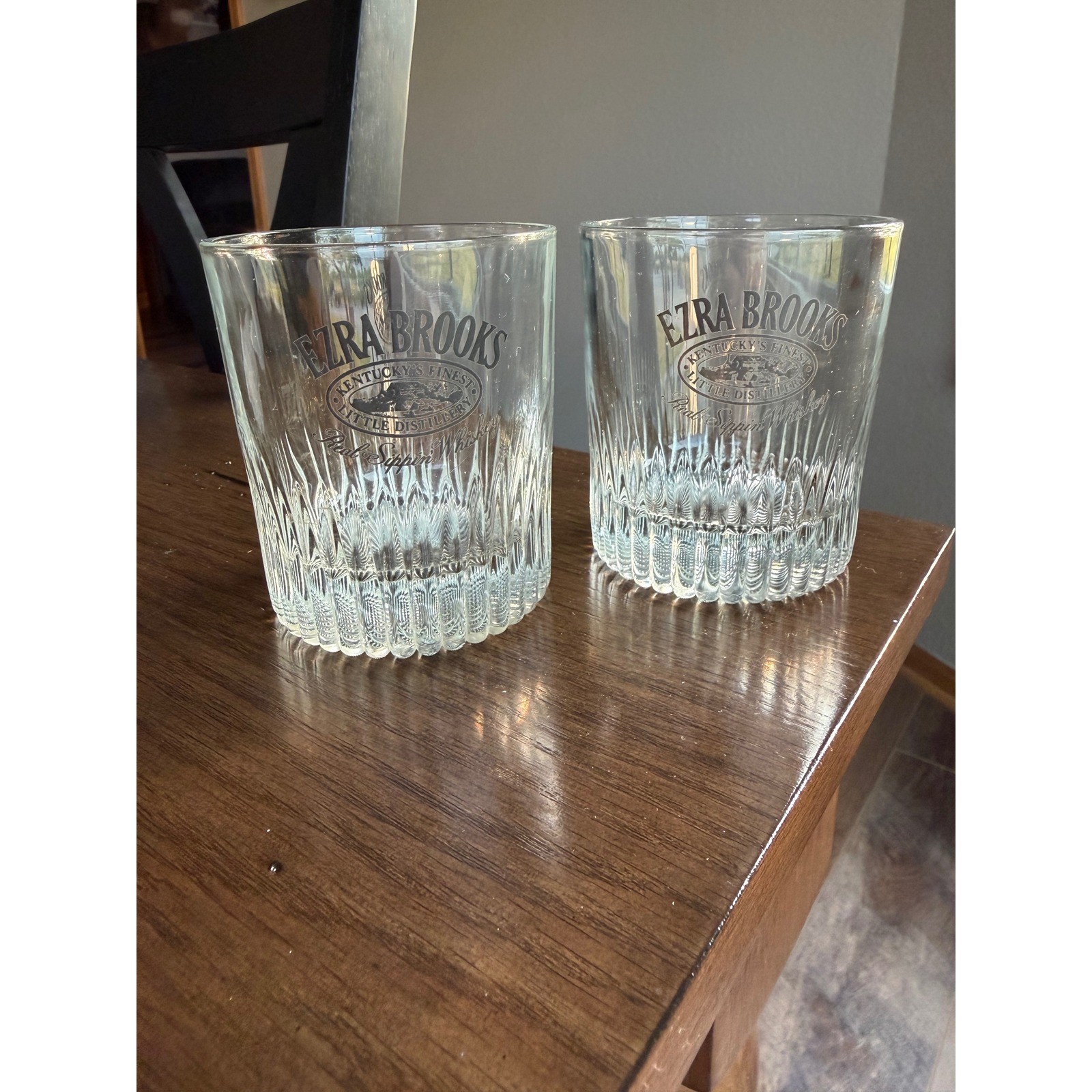 Ezra Brooks Whiskey Rocks Glasses Set of 2 Ribbed Lowball Bourbon Tumblers Clear