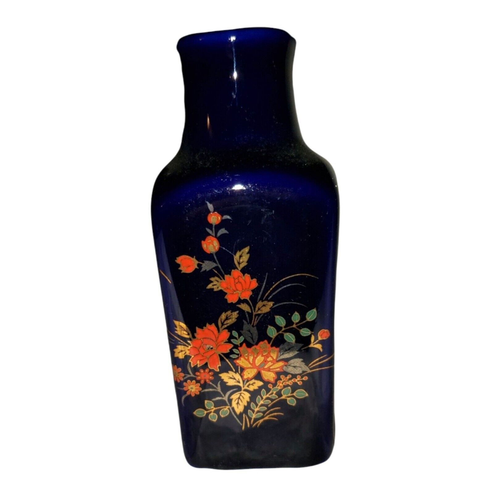 Vintage Oriental Cobalt Blue Vase Orange Floral Print Painting Collectible