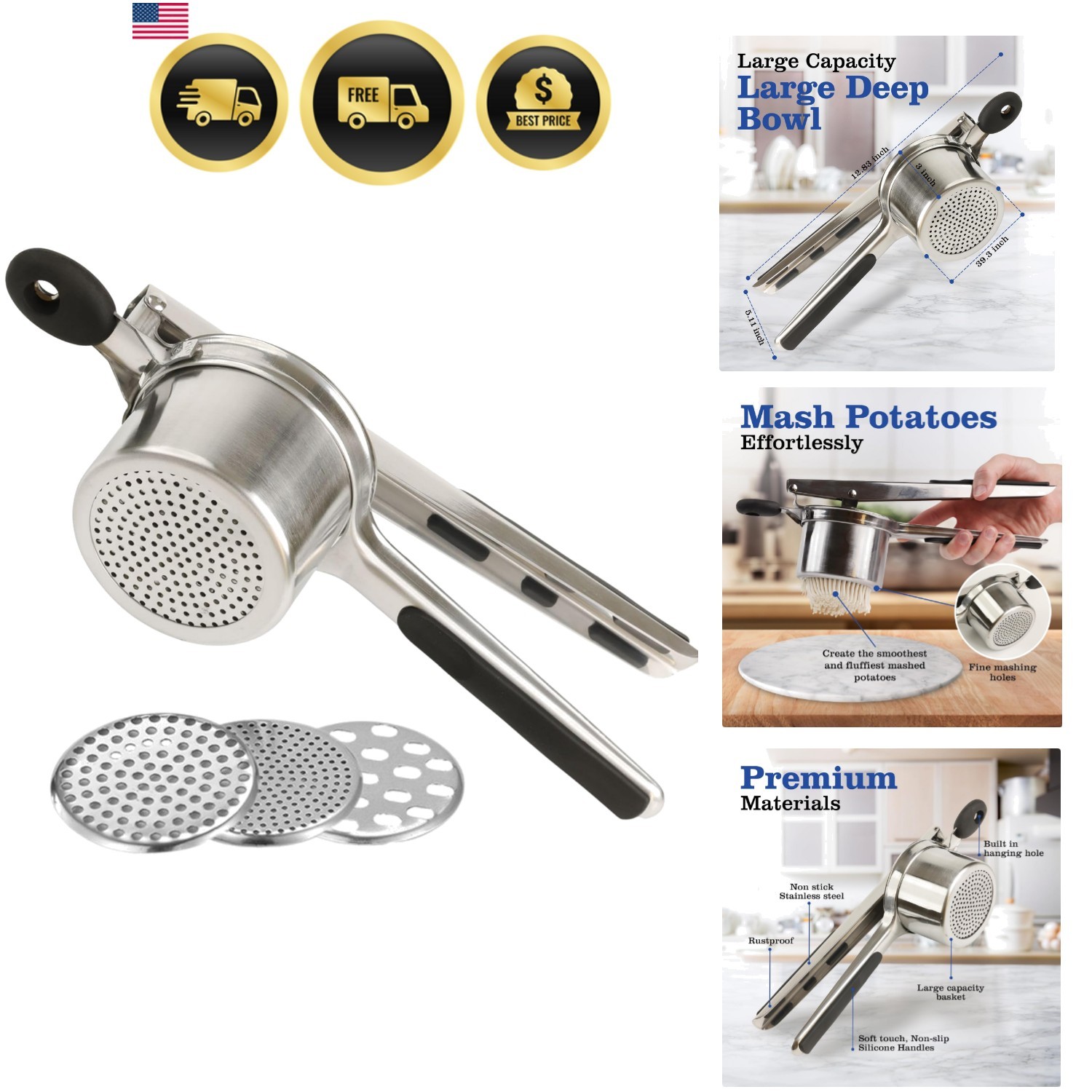Large 15oz Potato Ricer, Heavy Duty Stainless Steel Potato Masher and Ricer K...