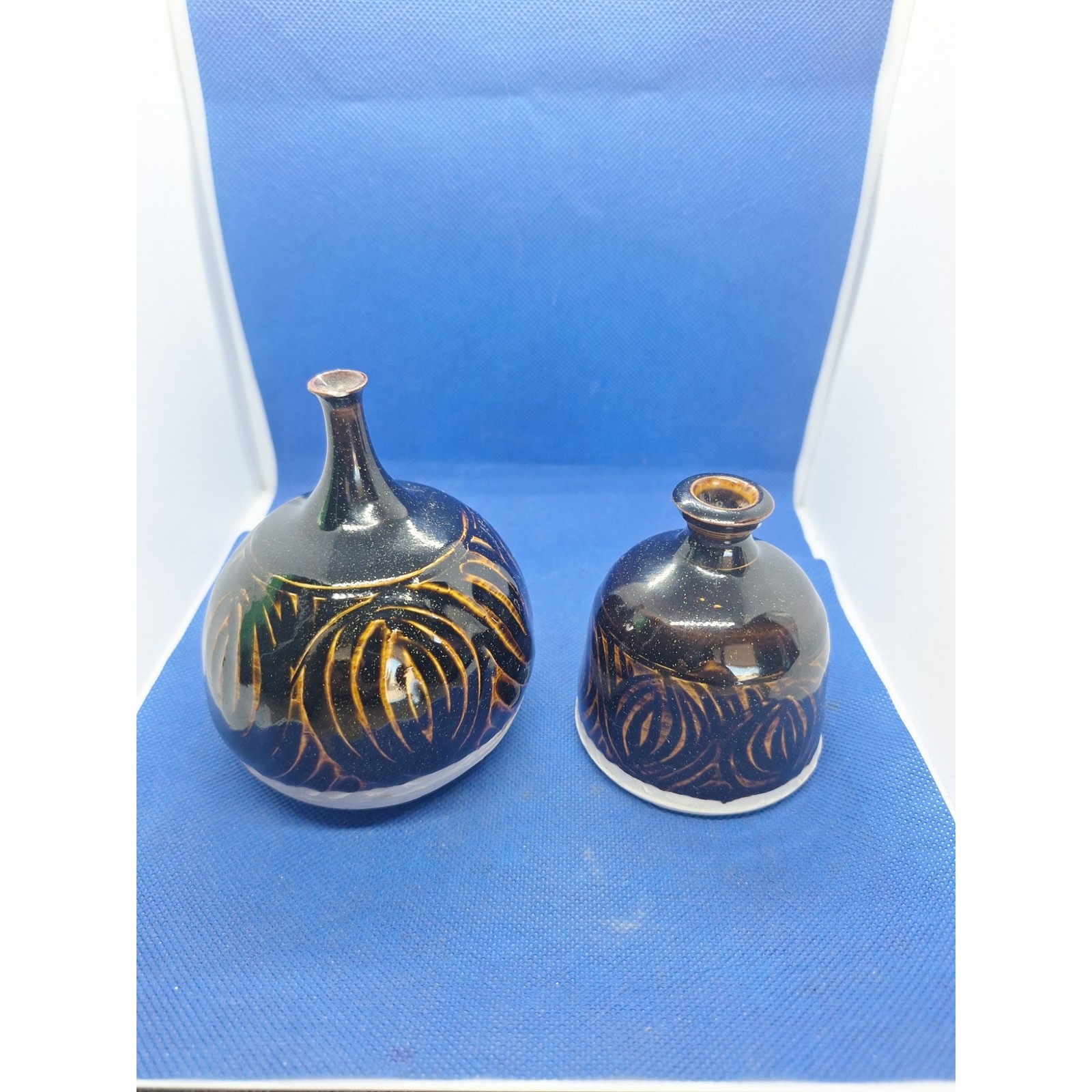 Allen Graef Studio Pottery Vase Pair Brown Glaze Hand Thrown Signed Set - Nice