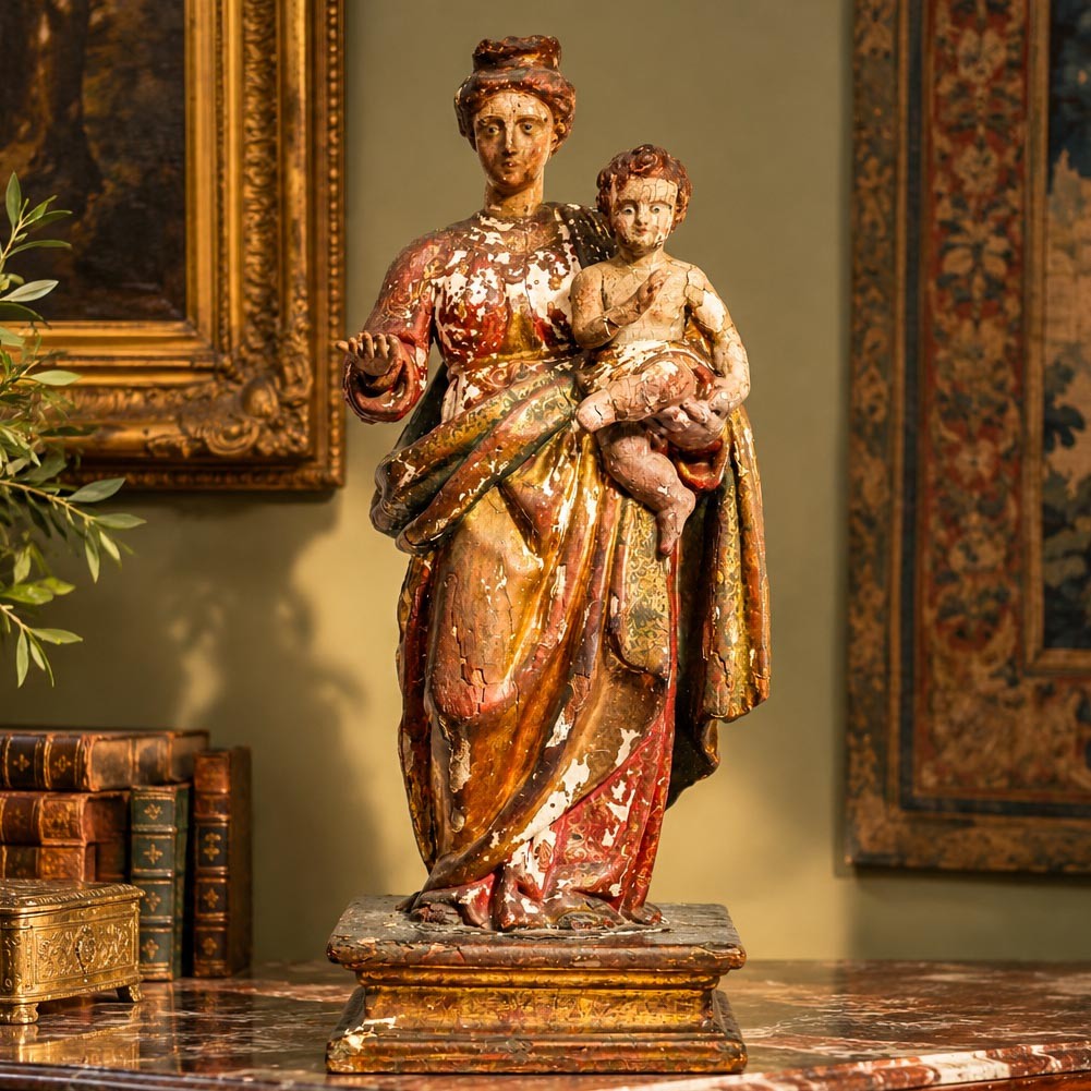 Large Antique 19th Century Mary Jesus Statue Carved Polychrome Wood Catholic