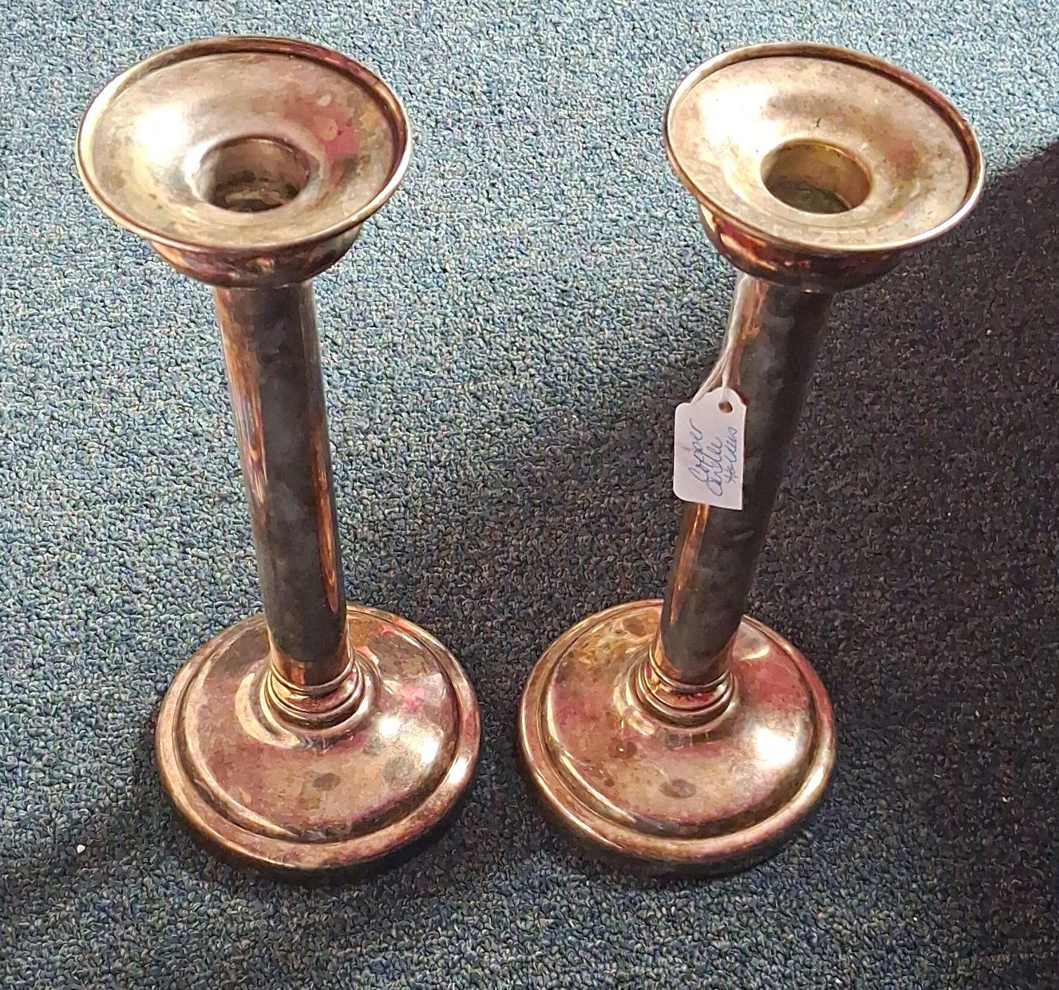 JOS. HEINRICH\'S Pair Copper Taper Candle Holders Engraved Round Vintage JOS. HEINRICH\'S Pair Copper Taper Candle Holders Engraved Round Vintage
