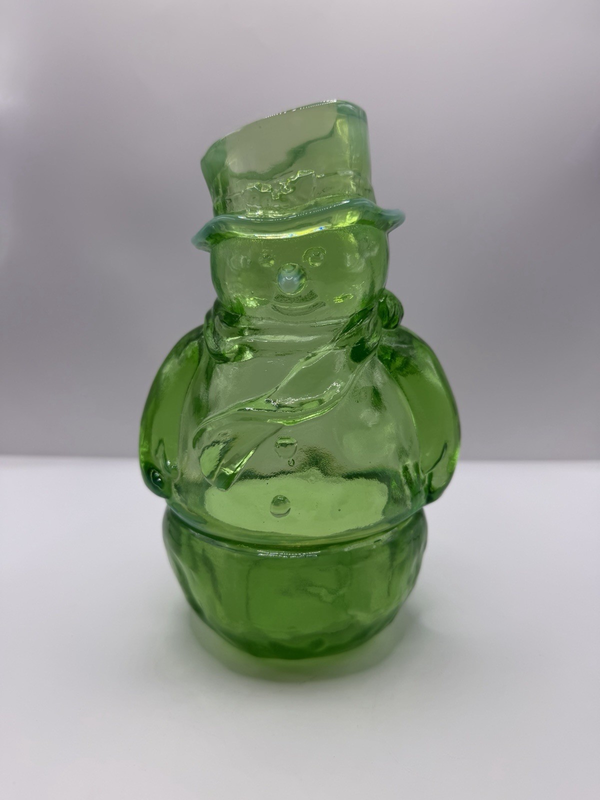 Fenton Green Opalescent Glass Snowman Fairy Lamp