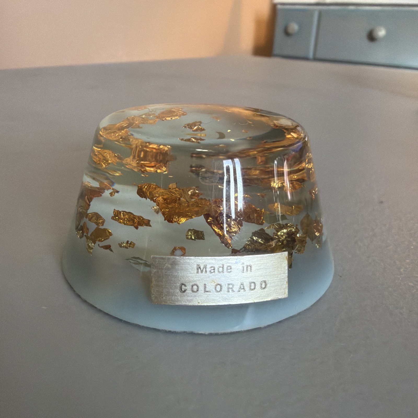 Lucite / Acrylic Paperweight Gold Rush Gold Flakes/Colorado Souvenir