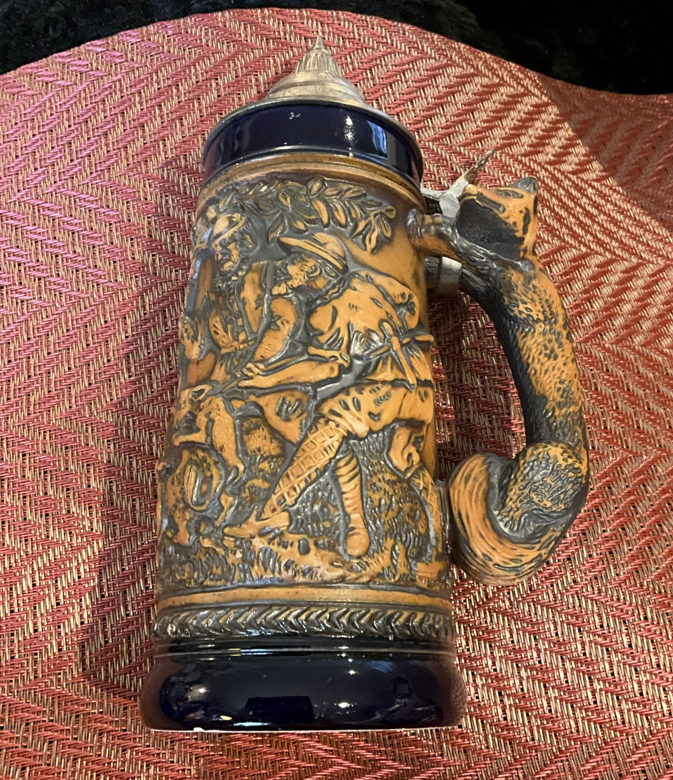 Vintage Gerz Seit Germany Lidded Beer Stein Boar Hunting Fox Handle 10x5.5”