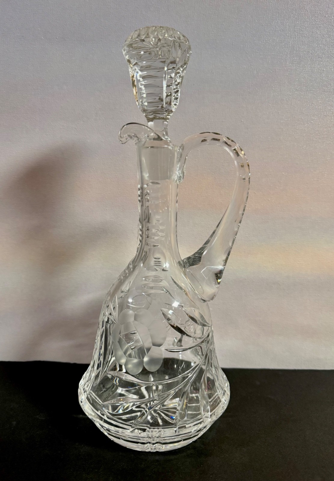 Vintage Crystal Cut Etched Glass Decanter With Handle & Stopper Tall 12.5\