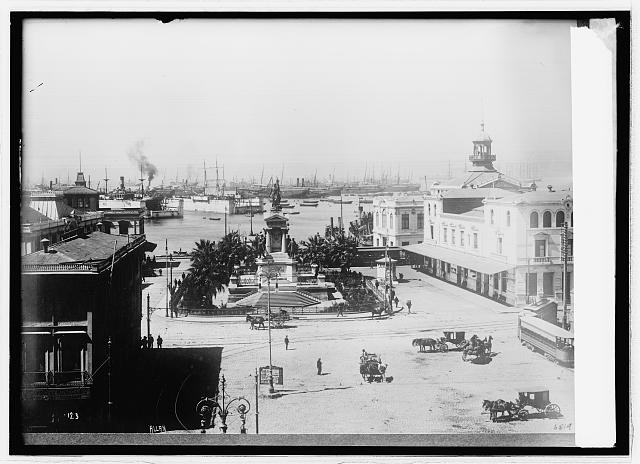 Valparaiso Chile 1910s Prat of Bahia Statue Harbor Plaza Street Scene