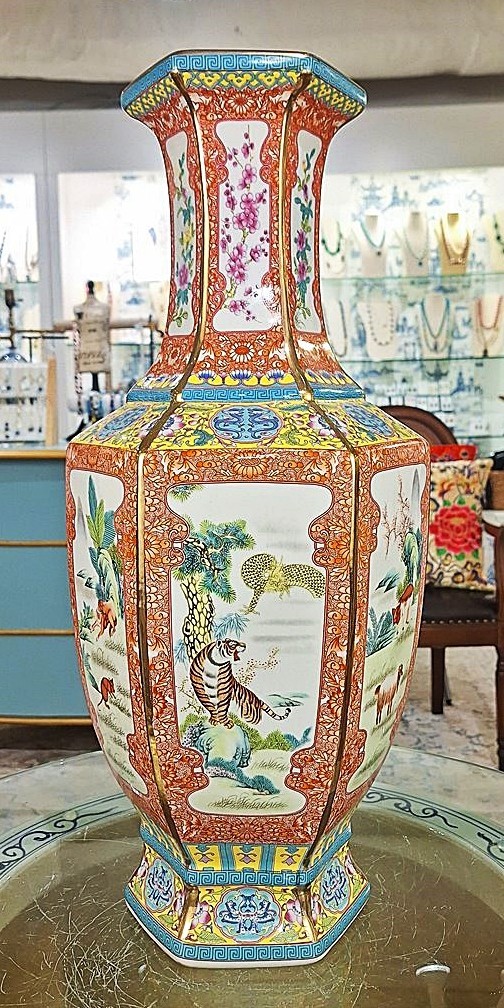 Polychrome Porcelain Hexagonal Chinoiserie Vase. Hand Painted (22