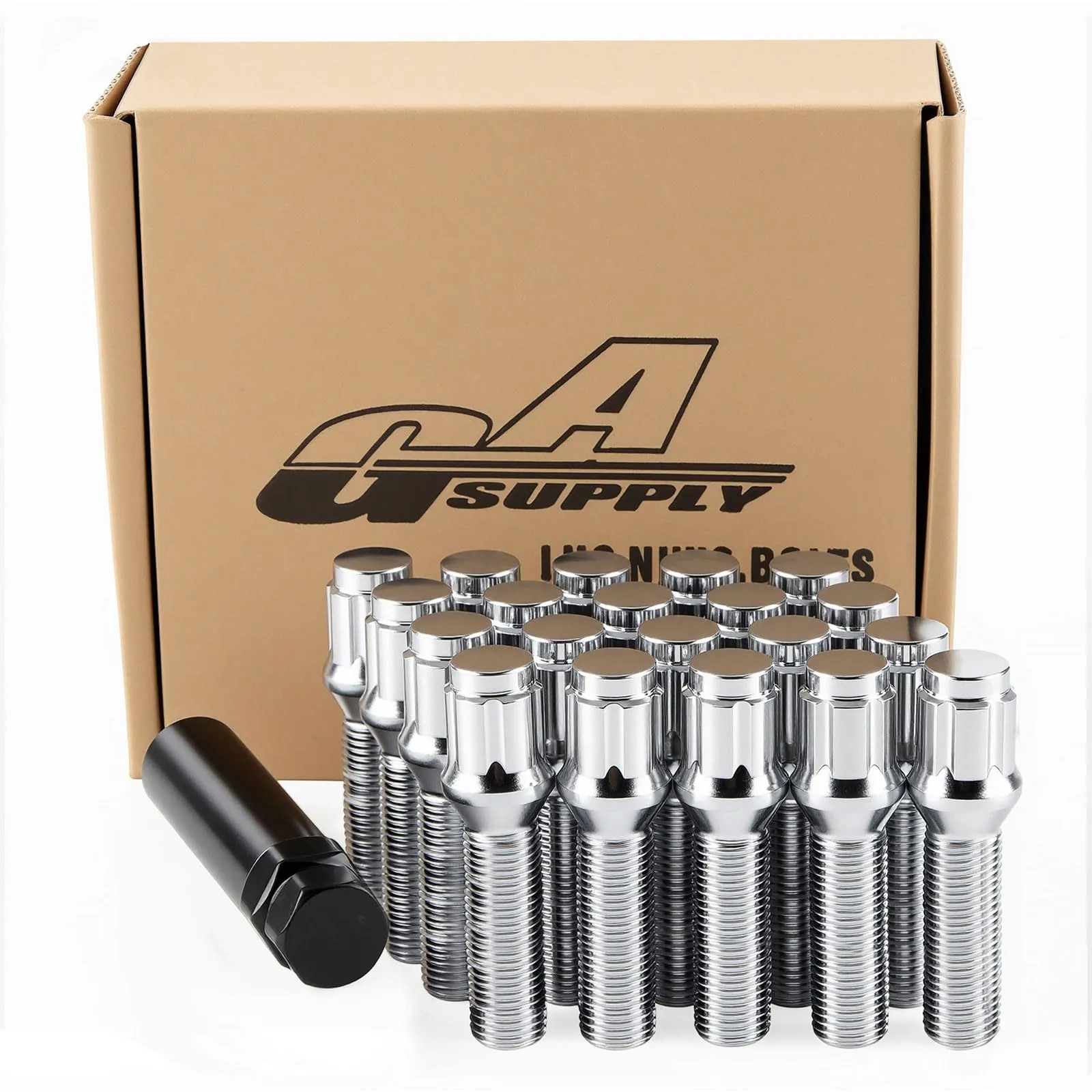 GAsupply M14x1.5 Lug Bolts 40mm Shank Chrome Conical Seat, 20 pcs + 1 Key