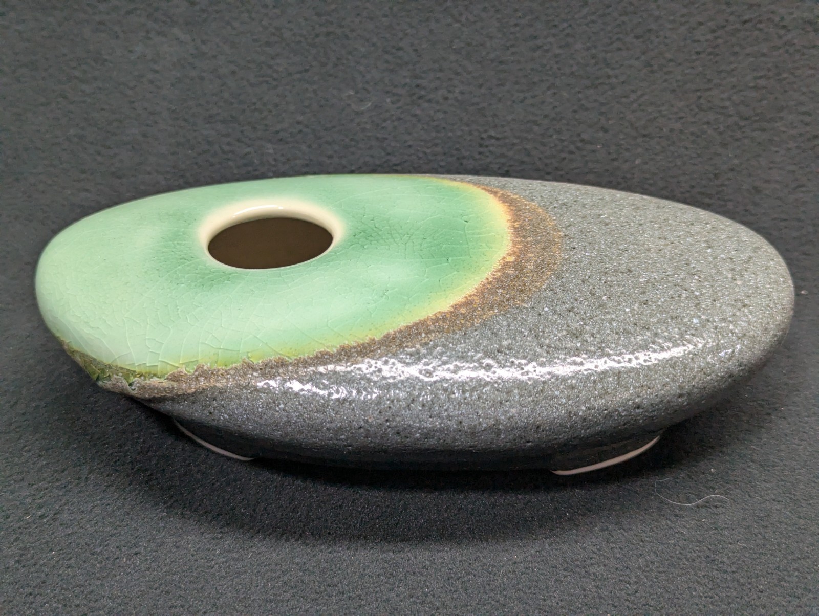 Vintage Ikebana Flower Frog Vase Mint Green Gray Crackle Glaze Oval Ceramic