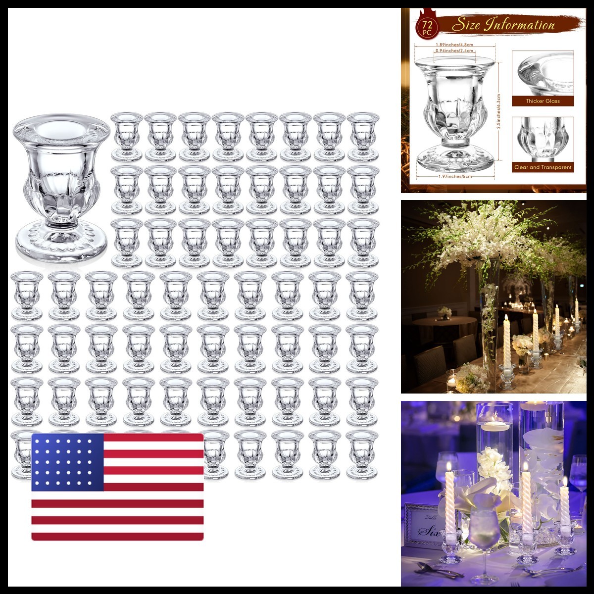 Foaincore 72 Pack Glass 2.5 Inch Taper Candle Holders Clear