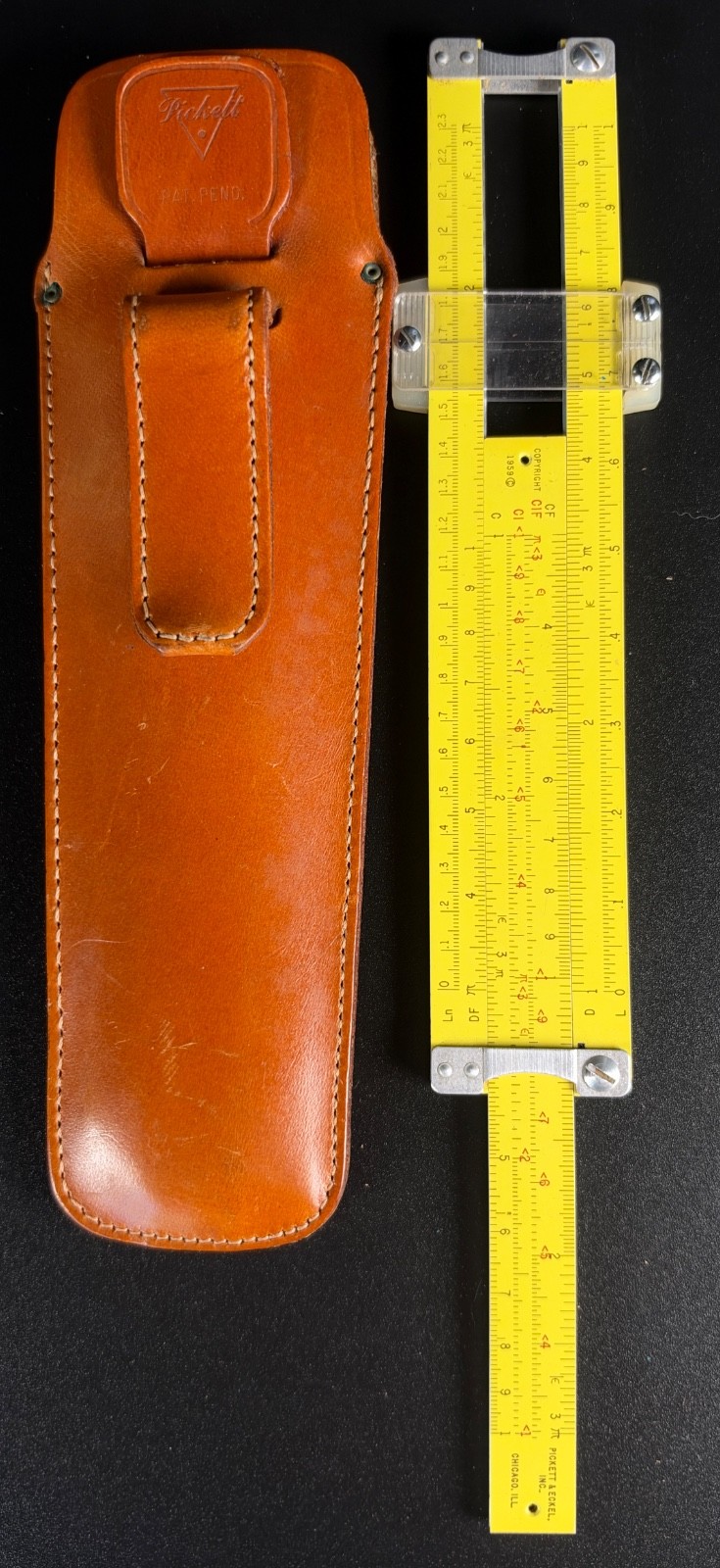 Vintage Pickett Model N1006-ES Trig pocket-sized slide rule with leather case