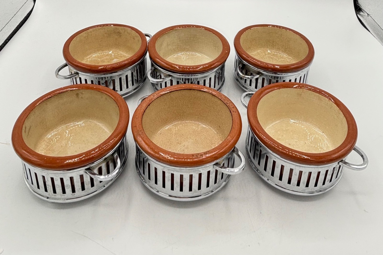 Antique Guernsey Redware Custard Cups Ramekins Silverplated Handled Servers 6