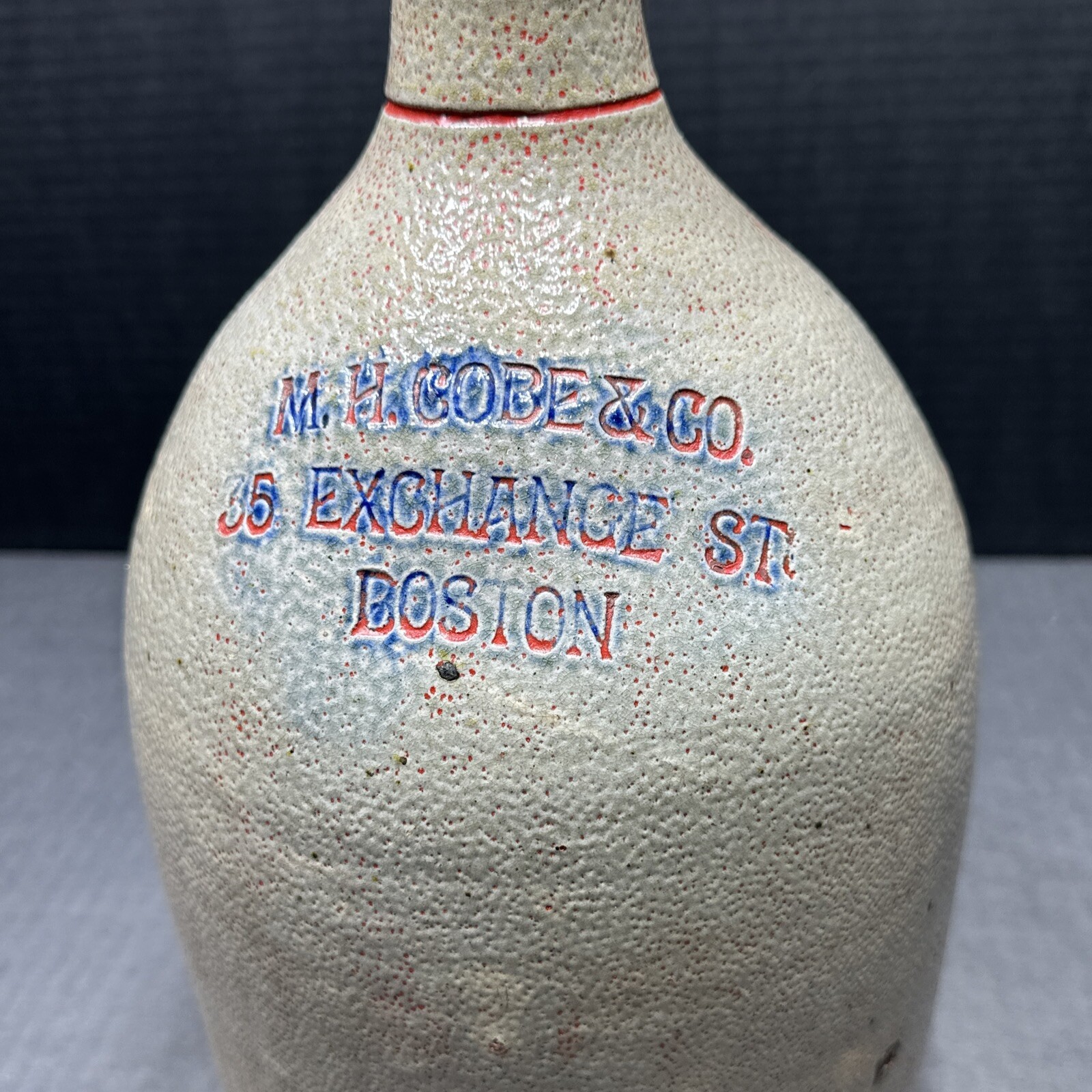 M.H COBE & COMPANY STONEWARE JUG 35 EXCHANGE ST BOSTON 