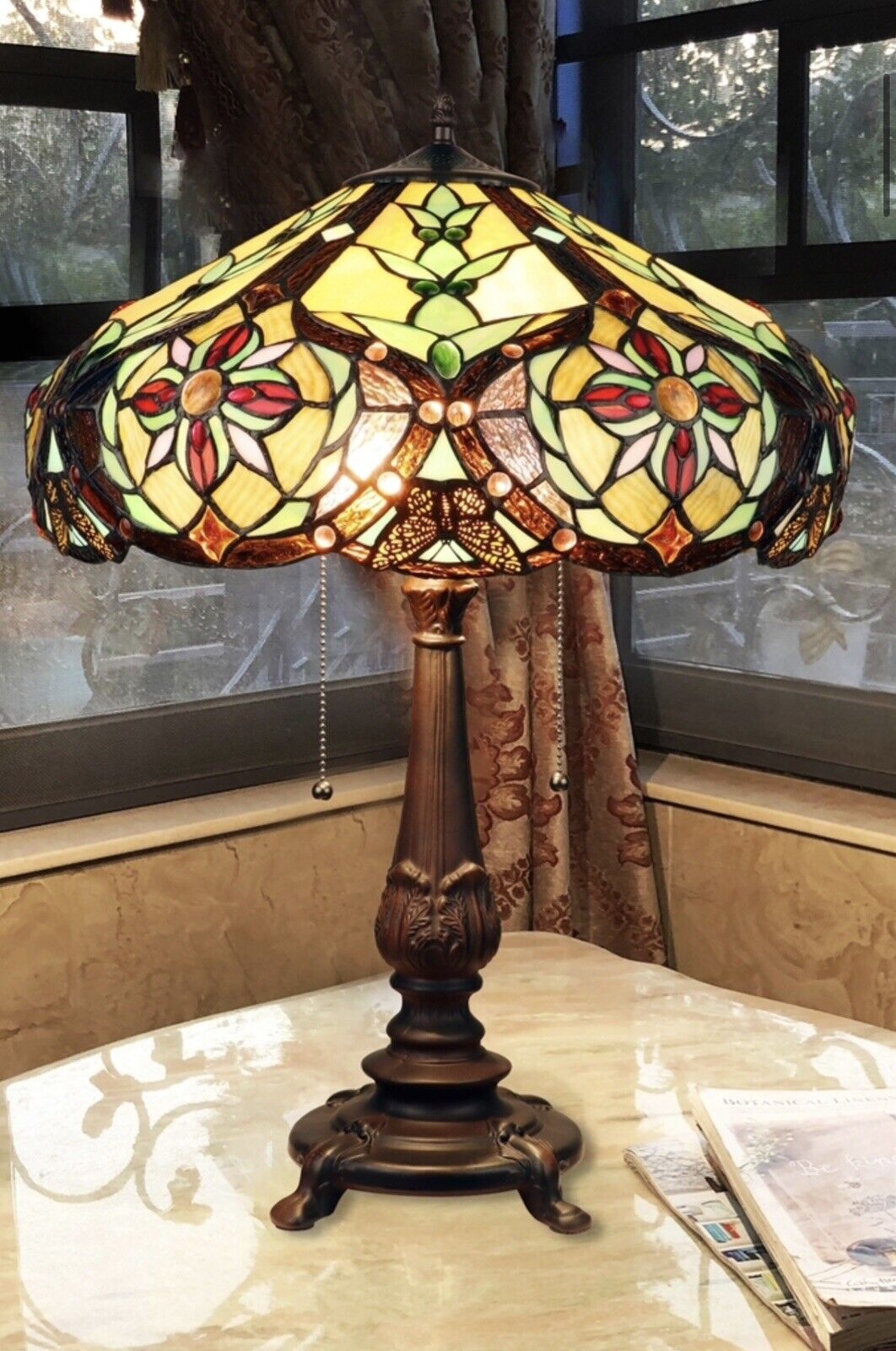 23” Tiffany Style Victorian Stained Glass Double Lit Table Accent Reading Lamp