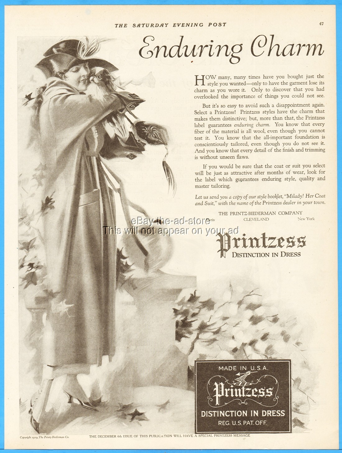 1919 Printzess Coat Henry Valley Art Deco Women\'s Hat Fashion Antique Print Ad