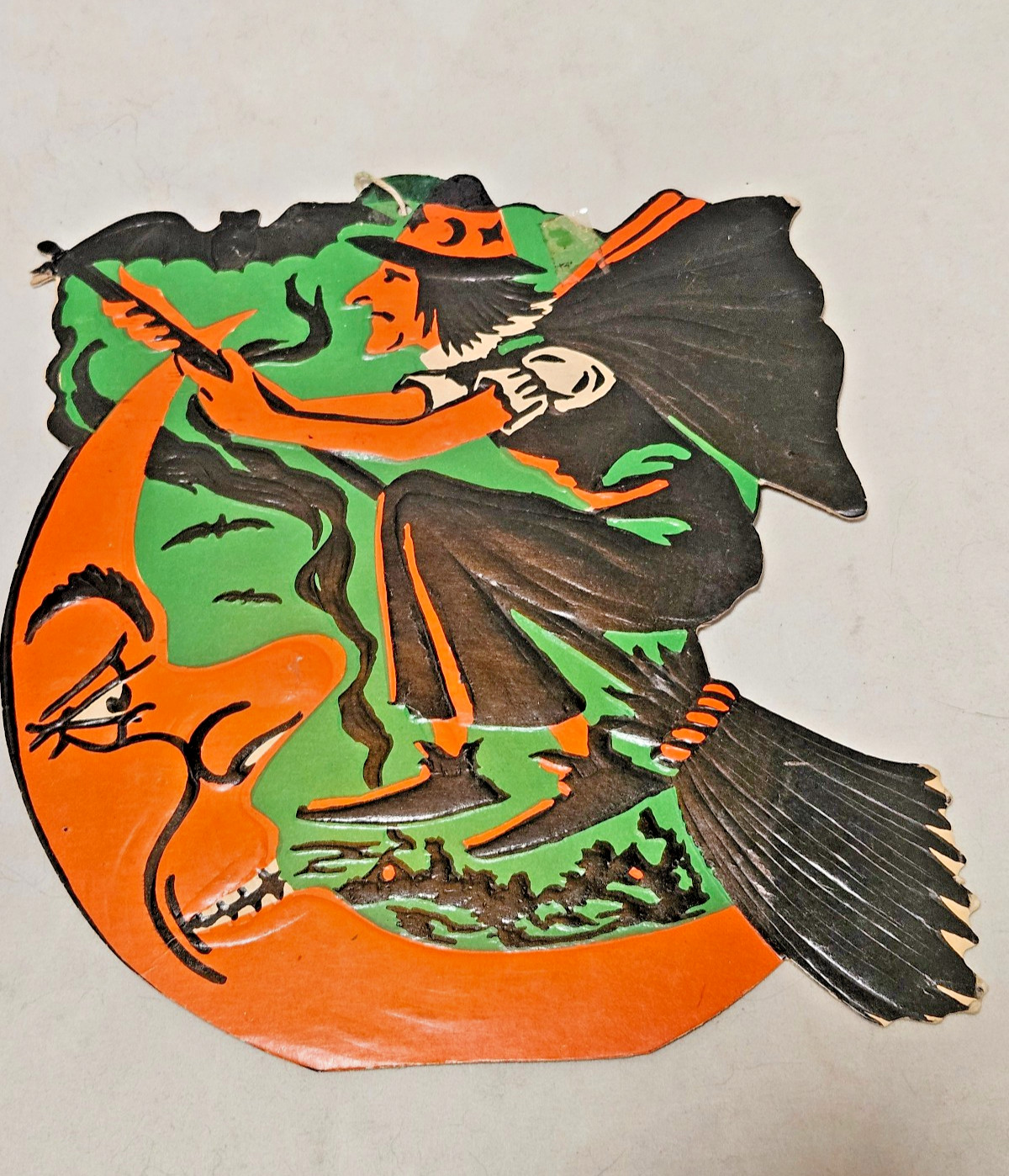 Vintage Halloween Embossed Cardboard Diecut Beistle Witch Moon Bat 30-50s Vintage Halloween Embossed Cardboard Diecut Beistle Witch Moon Bat 30-50s