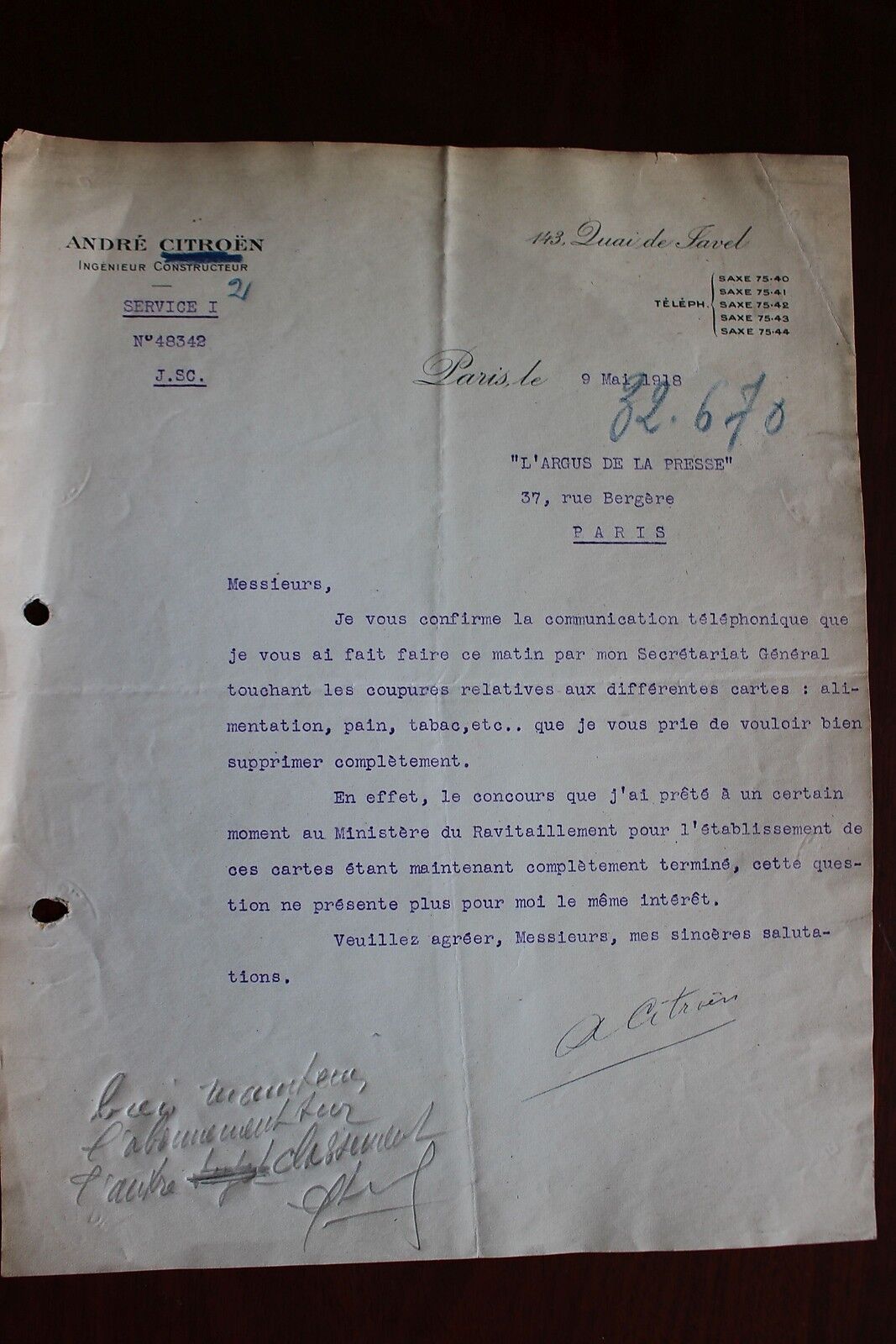 ✒ L.S. André CITROEN industriel - rare lettre signée du 9 mai 1918