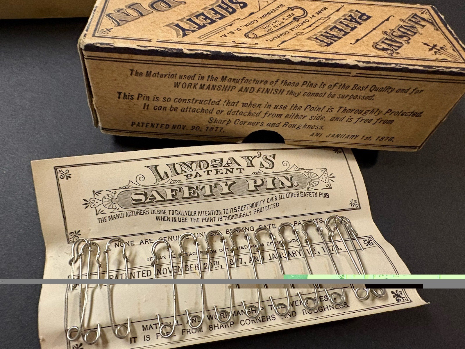 Antique 1878 Lindsay's Patent Safety Pins Carded Set Oakville Co Waterbury CT