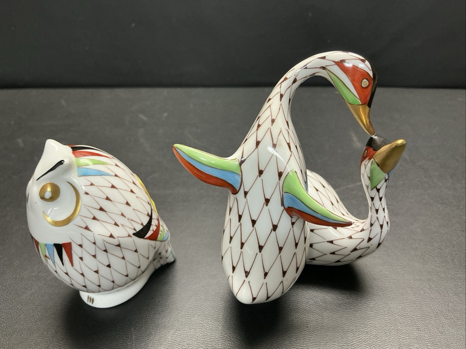 Rare Vintage Hollohaza Hungary Fishnet Figurines Hand Painted&Numbered Lot Of2