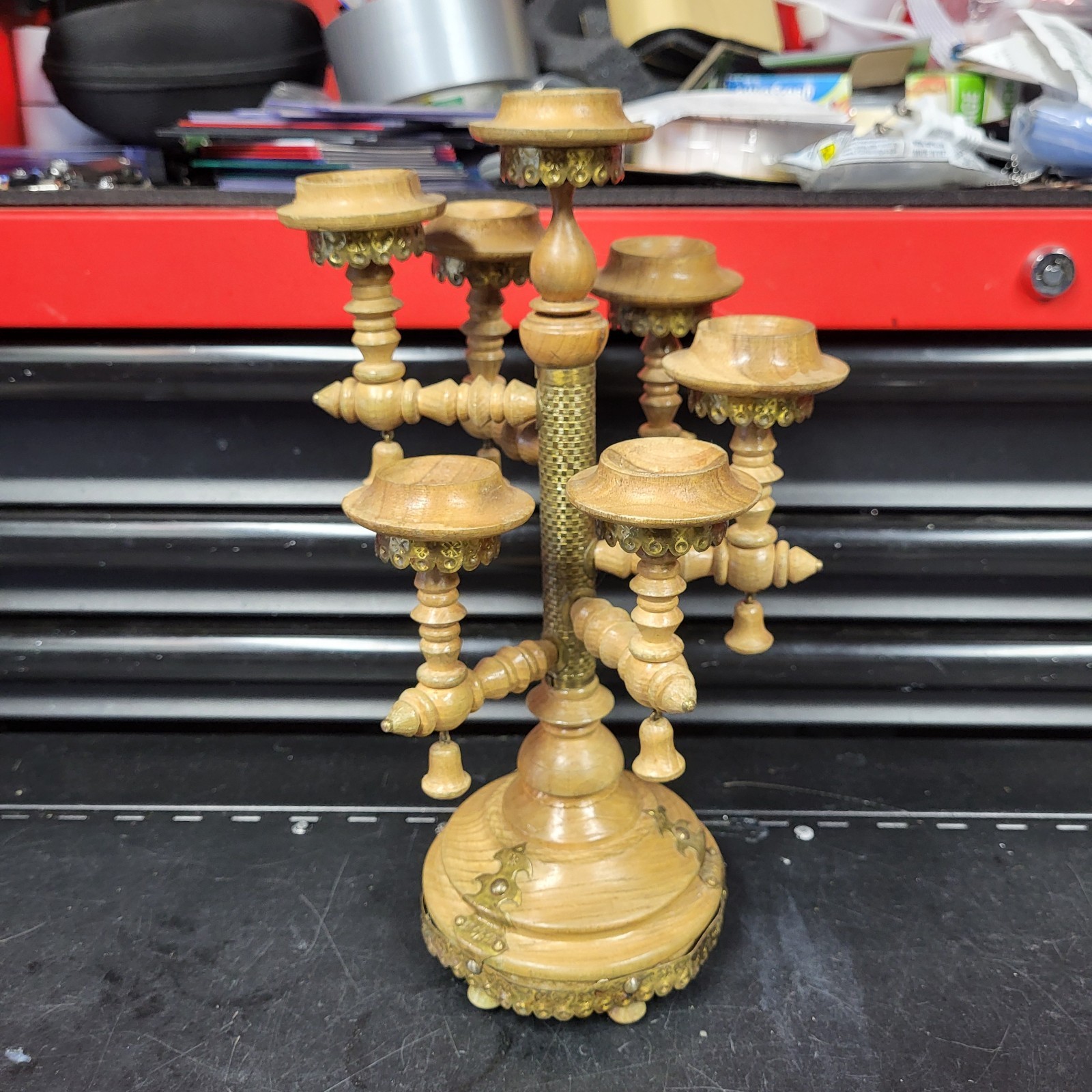 Vtg Wooden 7 Arm Candelabra Centerpiece Handmade 12\