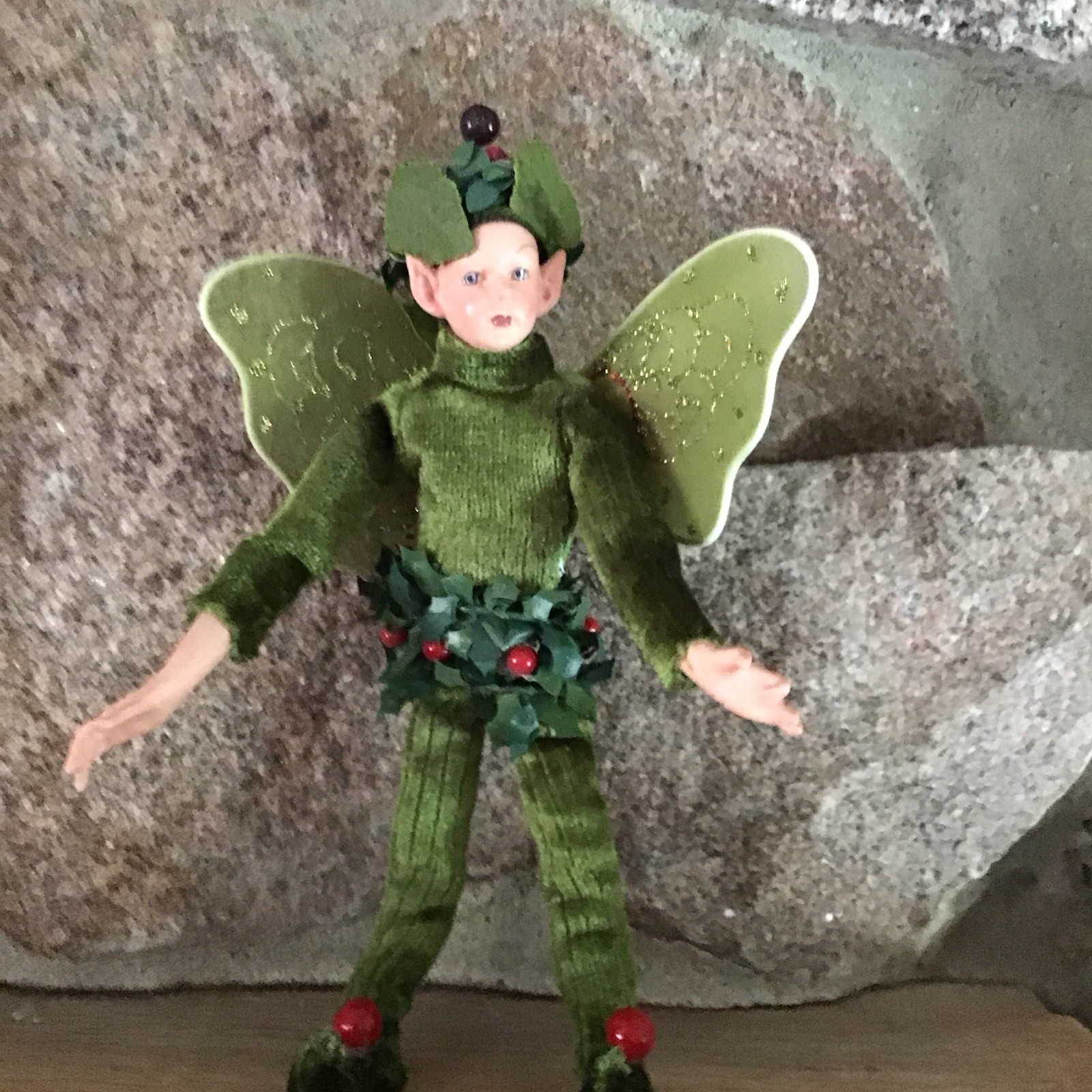Vintage Woodland Holly Berry Posable Fairy Pixie Elf Christmas Ornament EUC