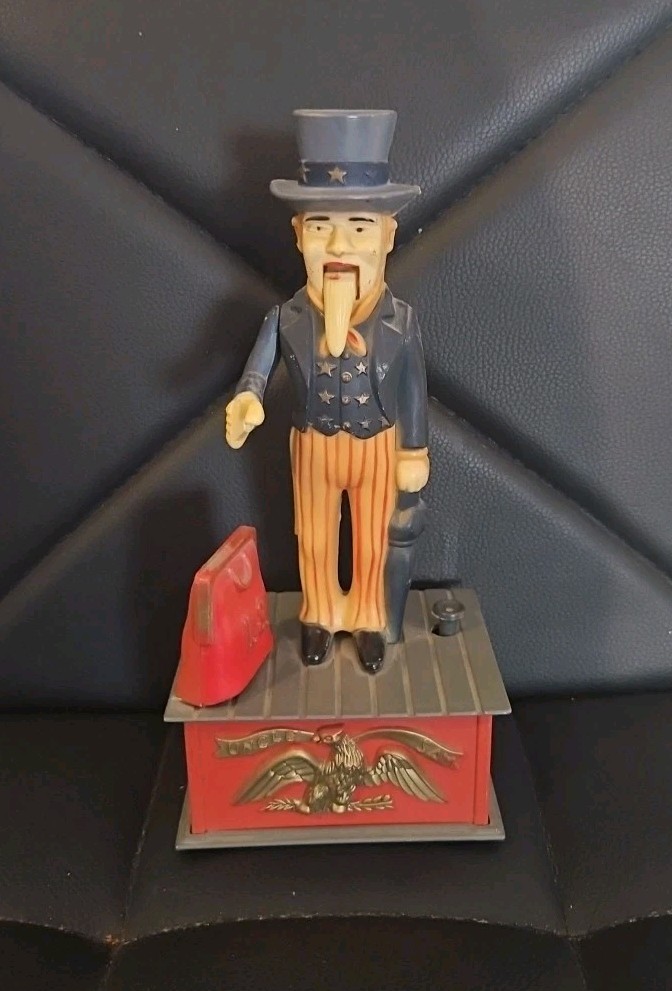 Vintage Uncle Sam Mechanical Coin Bank 1975 Hong Kong Antique Plastic Toy