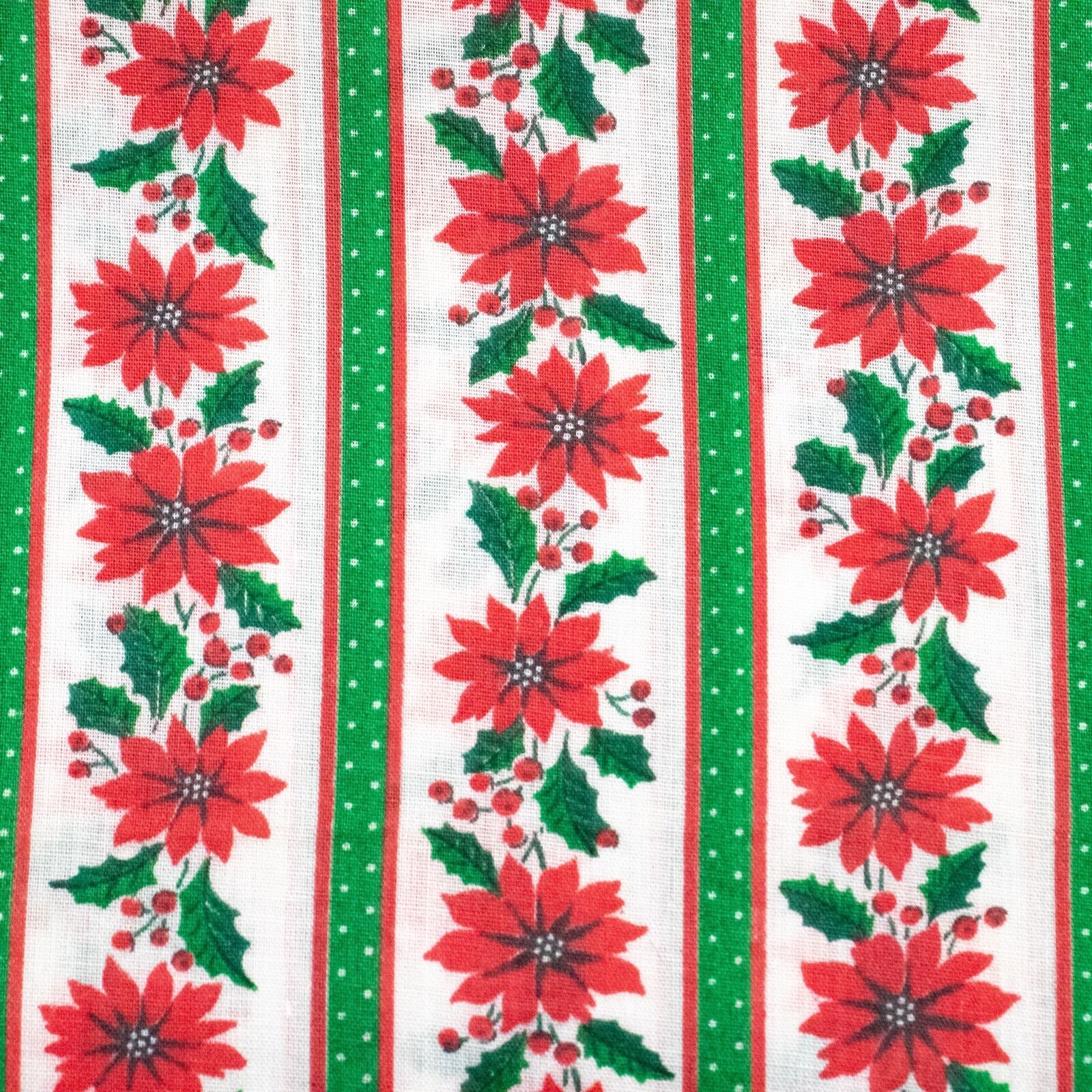 Vtg Cotton Fabric Red Poinsettia Flowers Ticking Green Stripes Christmas BTHY