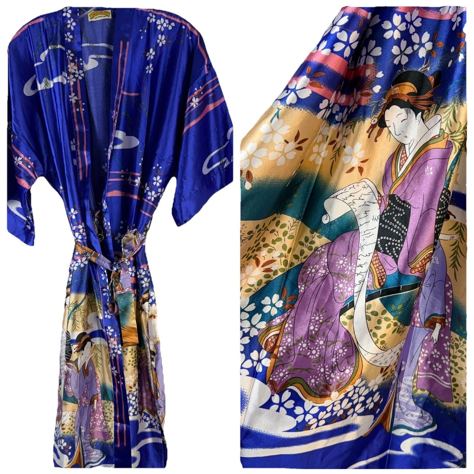 Vintage Japanese Silk Kimono Robe Yukata Satin Floral Geisha Sakura Cobalt Blue
