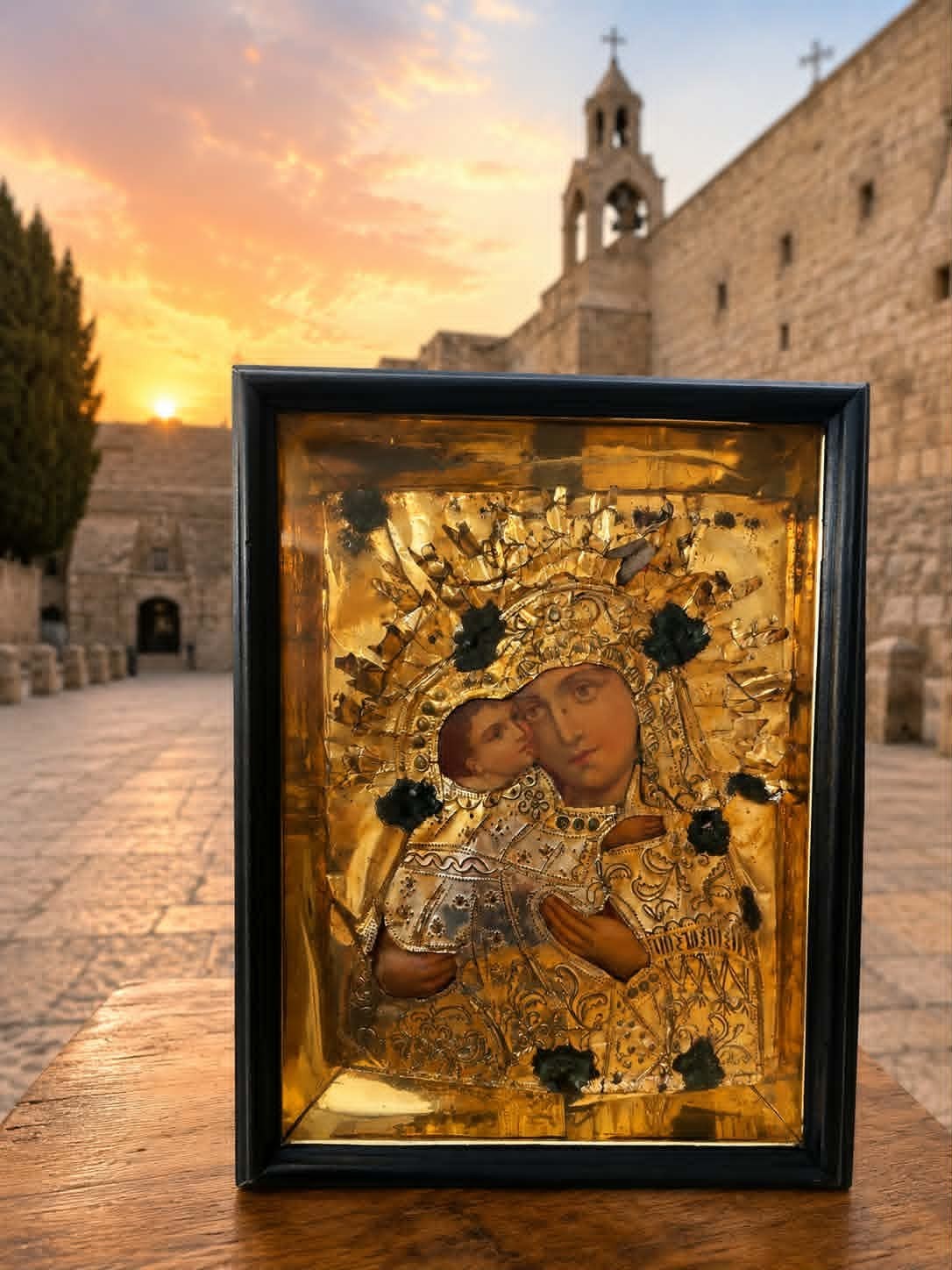 Vintage Byzantine Icon Virgin Mary & Child – Holy Land – Embossed Metal Cover