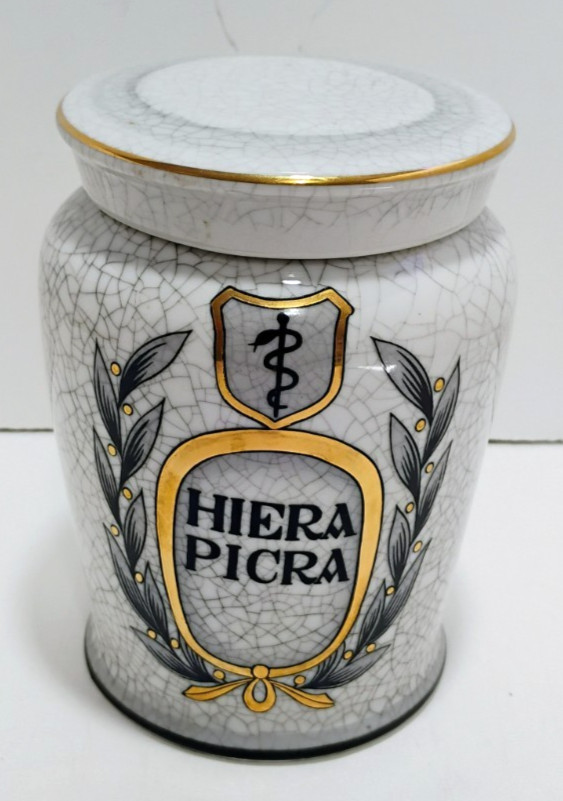 Antique Vintage 5” Porcelain Apothecary Jar and Lid Hiera Picra Gold Plated RARE Antique Vintage 5” Porcelain Apothecary Jar and Lid Hiera Picra Gold Plated RARE
