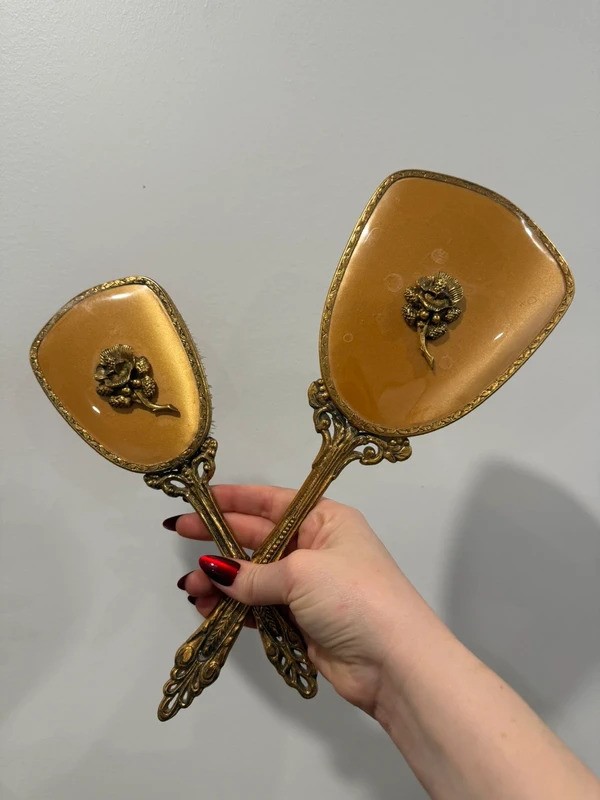 Vintage 1950s Gold Hollywood Regency Vanity Mirror & Brush Set