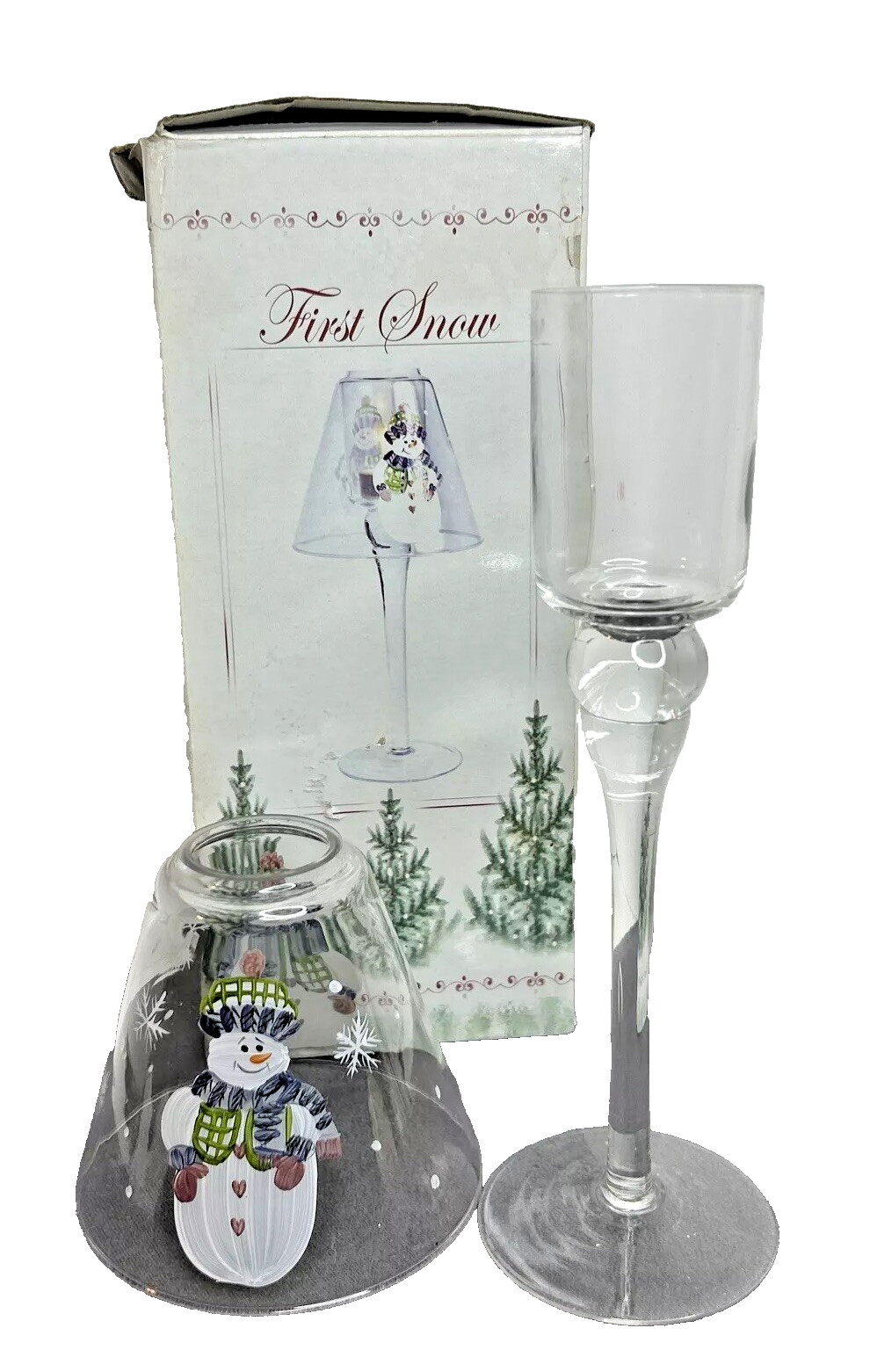 Vintage Hand Painted Snowman 2-Piece Clear Glass Candleholder