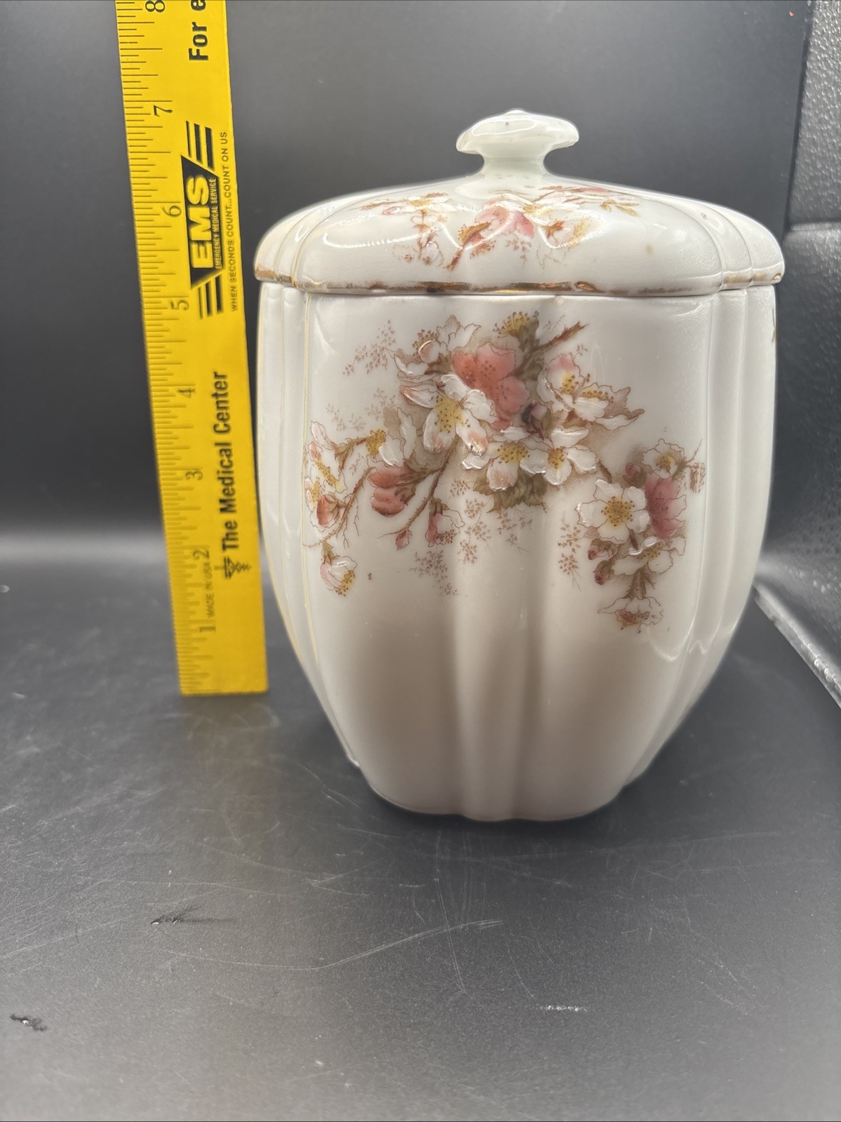 Antique Bavarian Germany Porcelain Melon Ribbed Biscuit Jar Lidded Floral Gilt