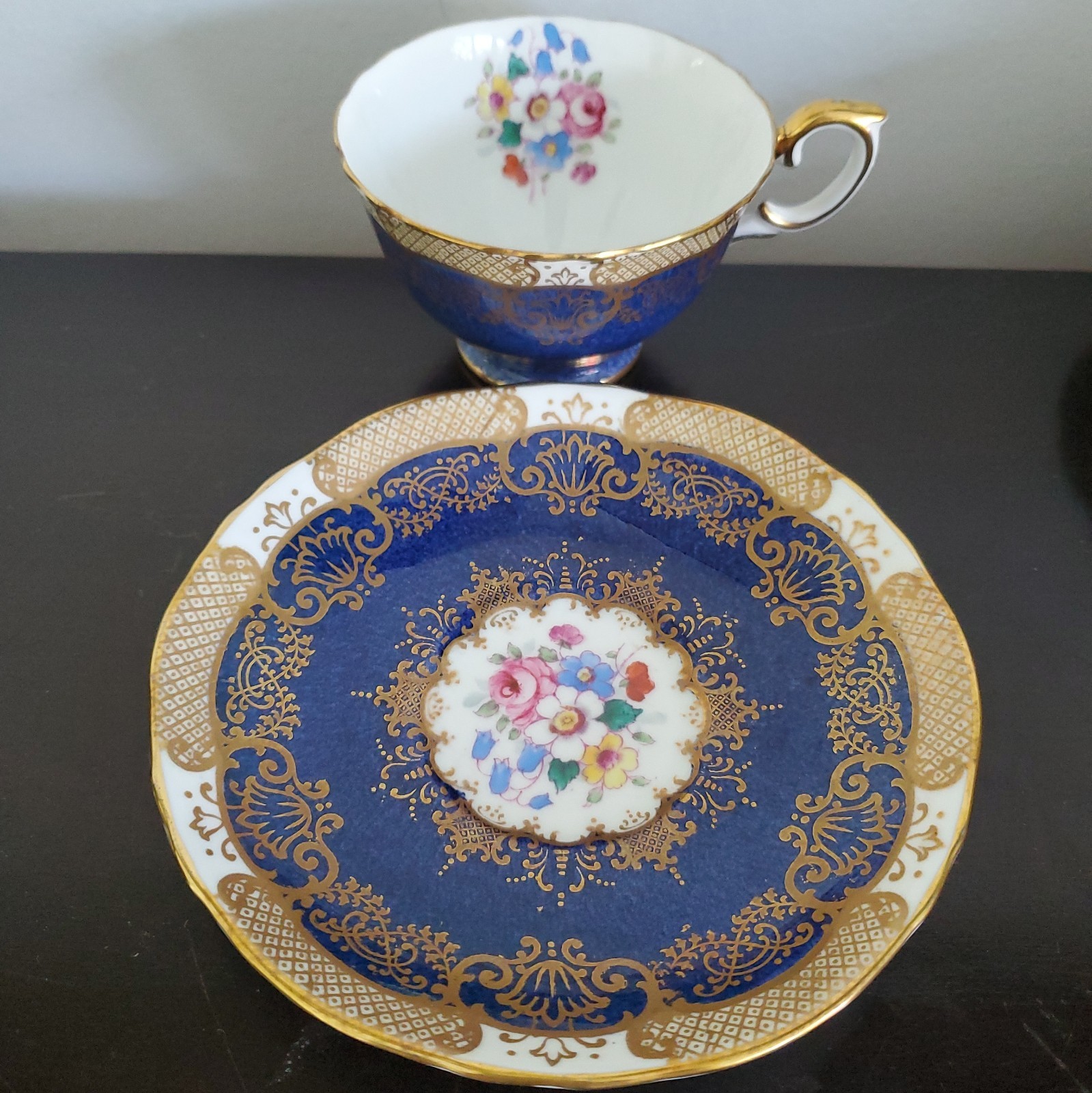 Crown Staffordshire Cobalt Blue Floral Tea Coffee Cup & Saucer Set Gilt Rim