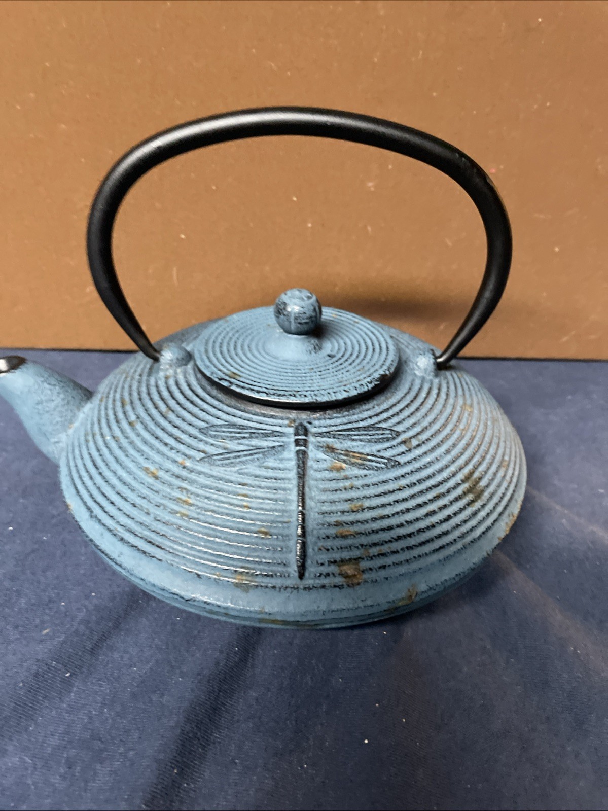 Japanese Tetsubin-style Teapot Dragonflies Cast Iron, Blue Iron Oxide Finish
