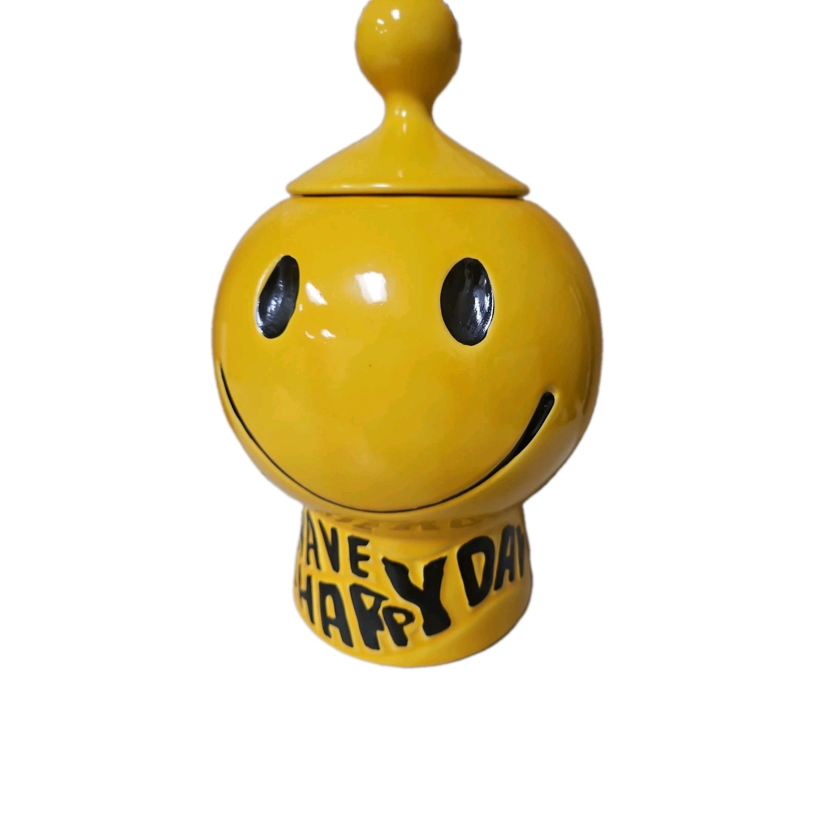 Vintage 70s McCoy HAVE A HAPPY DAY Yellow Smiley Face Cookie Jar & Lid - GREAT